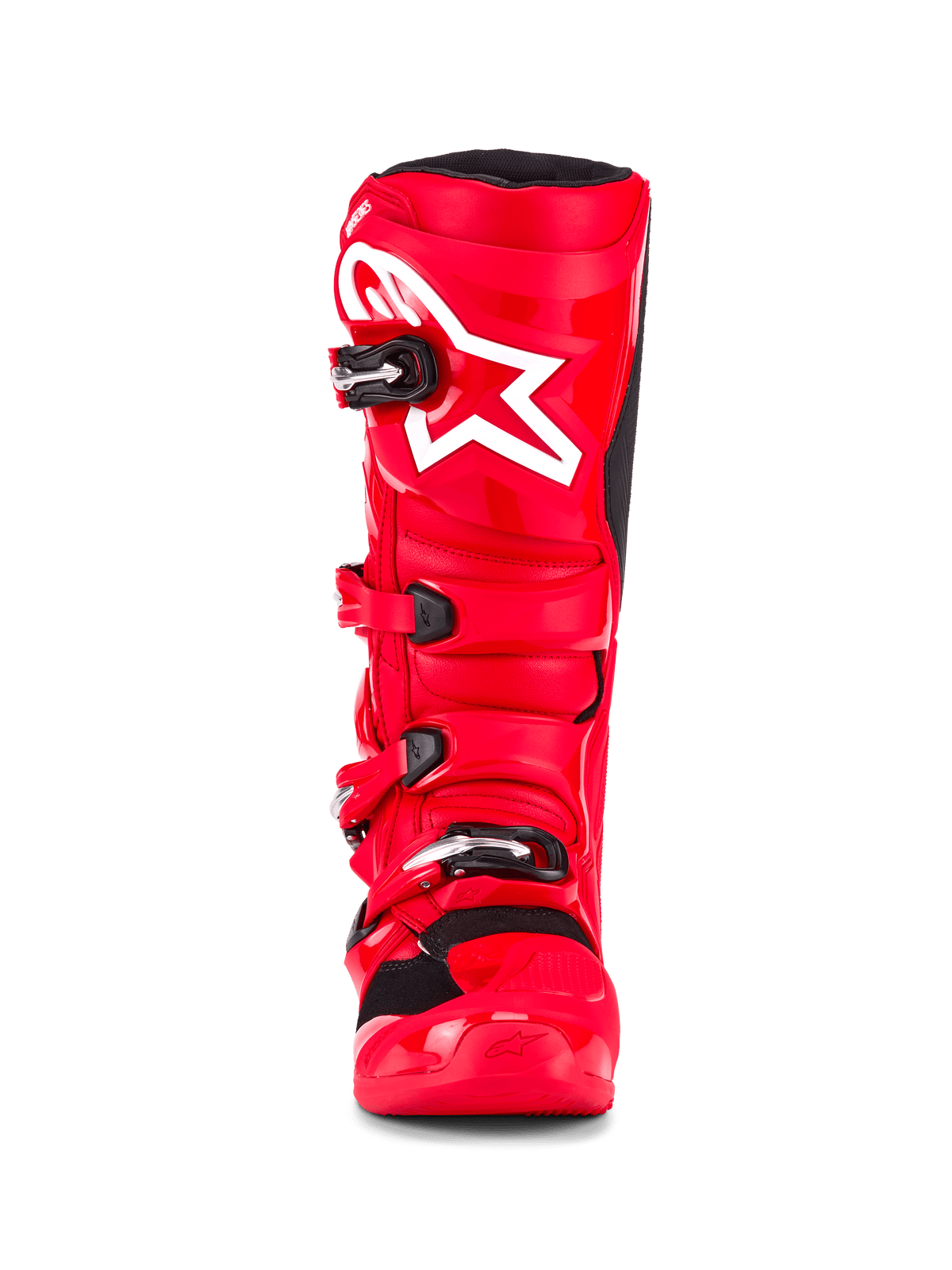 Stivali Alpinestars Tech 7, stivali da motocross, rosso acceso, vista frontale con logo a stella bianco sullo stinco, chiusure a fibbia nere e scocca protettiva in TPU ad alte prestazioni