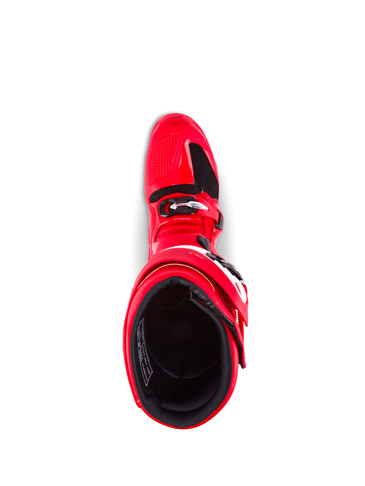 Stivali Alpinestars Tech 7, stivali da motocross, rosso acceso, vista dall'alto con fodera interna e chiusura a fibbia, robusta costruzione in TPU per la protezione fuoristrada