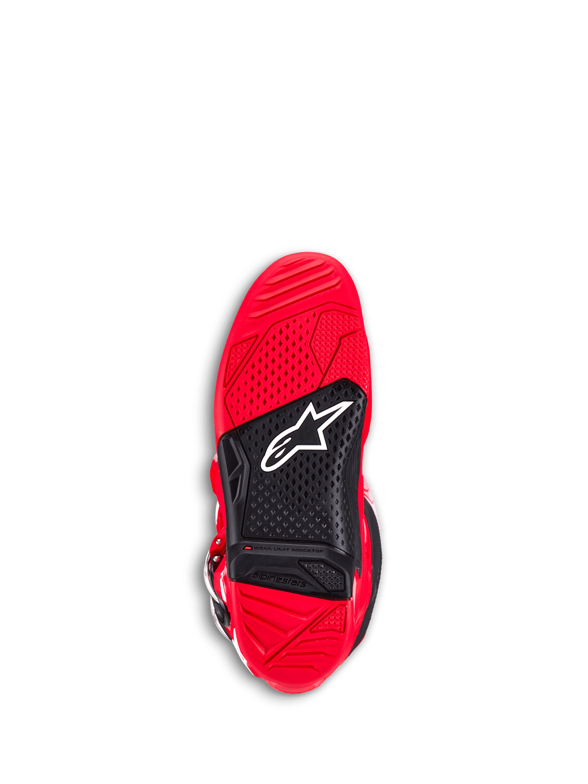 Alpinestars Tech 7 Boots, stivali da motocross, Rosso Vivace, vista inferiore della suola in gomma a doppia mescola rossa e nera, grip testurizzato per le pedane, logo Astar bianco e indicatore di limite di usura visibile.