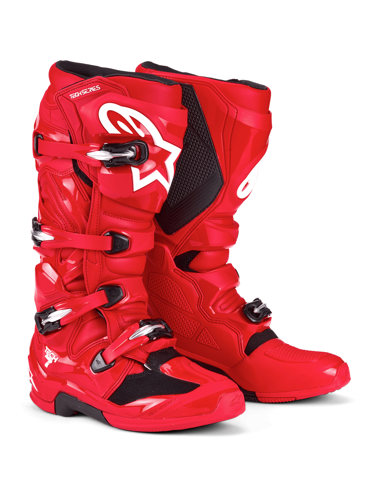 Alpinestars Tech 7 Boots, stivali da motocross, rosso acceso, con logo Astars bianco sullo stinco, sistema di chiusura con fibbie argento e nero e calotta protettiva in TPU per prestazioni off-road