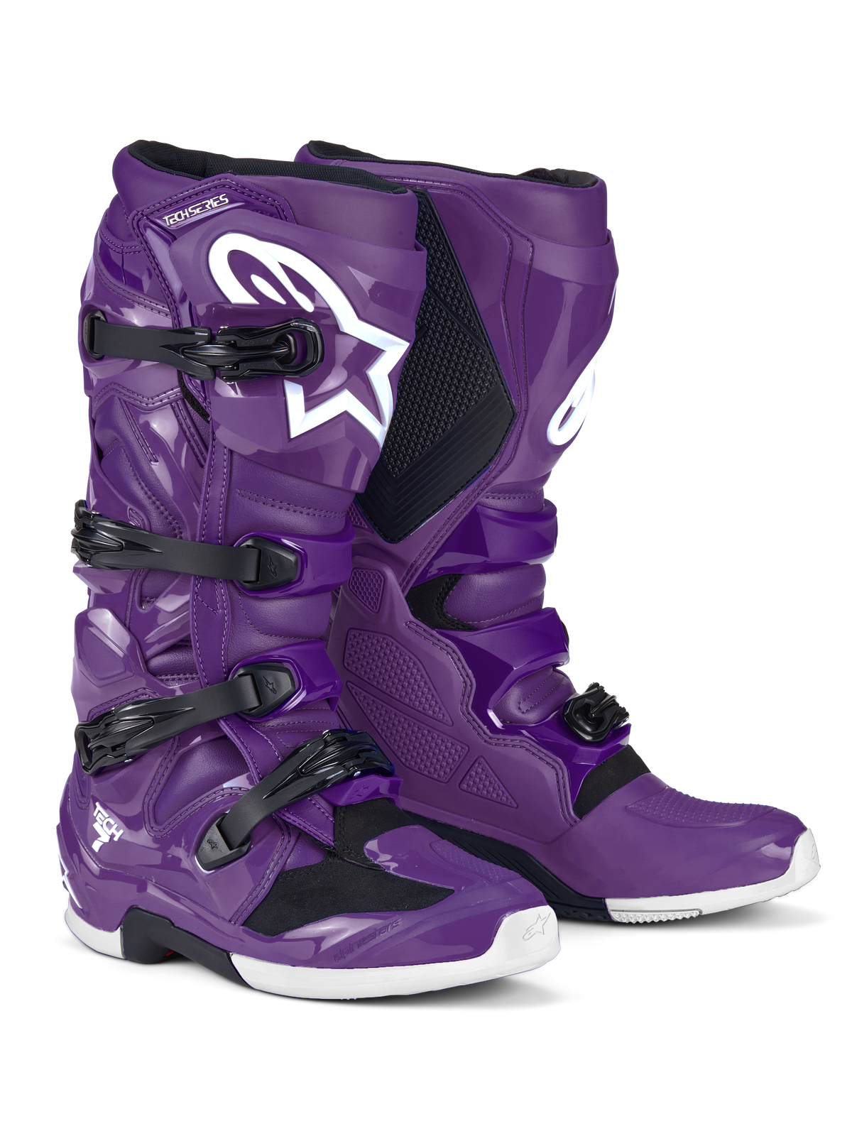 Stivali Alpinestars Tech 7, stivali da motocross, viola, con fibbie nere e un grande logo Astars bianco, design protettivo ad alte prestazioni con chiusura a quattro cinturini e guscio in TPU resistente per gare fuoristrada