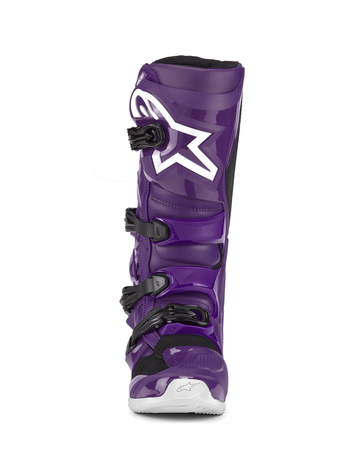 Stivali Alpinestars Tech 7, stivali da motocross viola, vista frontale, con quattro fibbie nere, logo Alpinestars bianco sulla placca tibiale, calotta in TPU resistente e costruzione sintetica per la protezione off-road