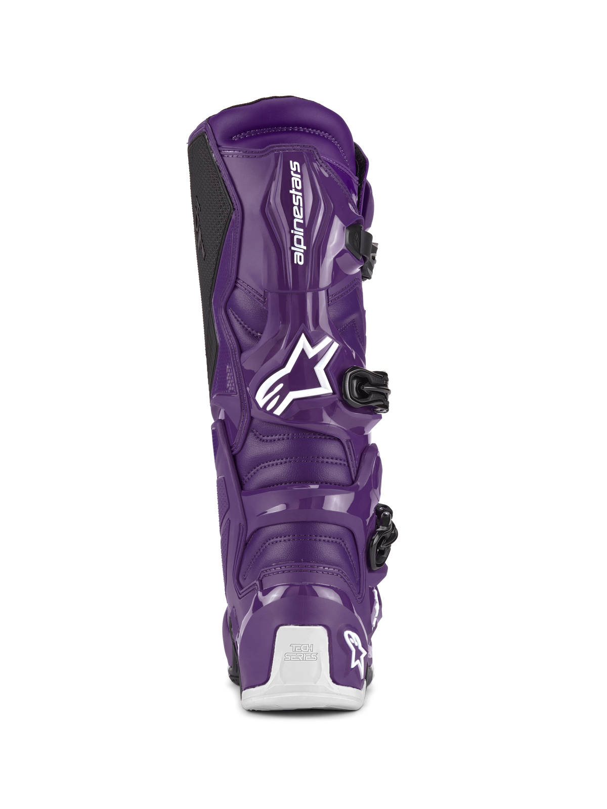 Alpinestars Tech 7 Boots, stivali da motocross, viola, vista posteriore con logo Alpinestars bianco e branding Tech Series sul tallone, chiusure con fibbie nere, costruzione in TPU e materiale sintetico resistente per corse off-road