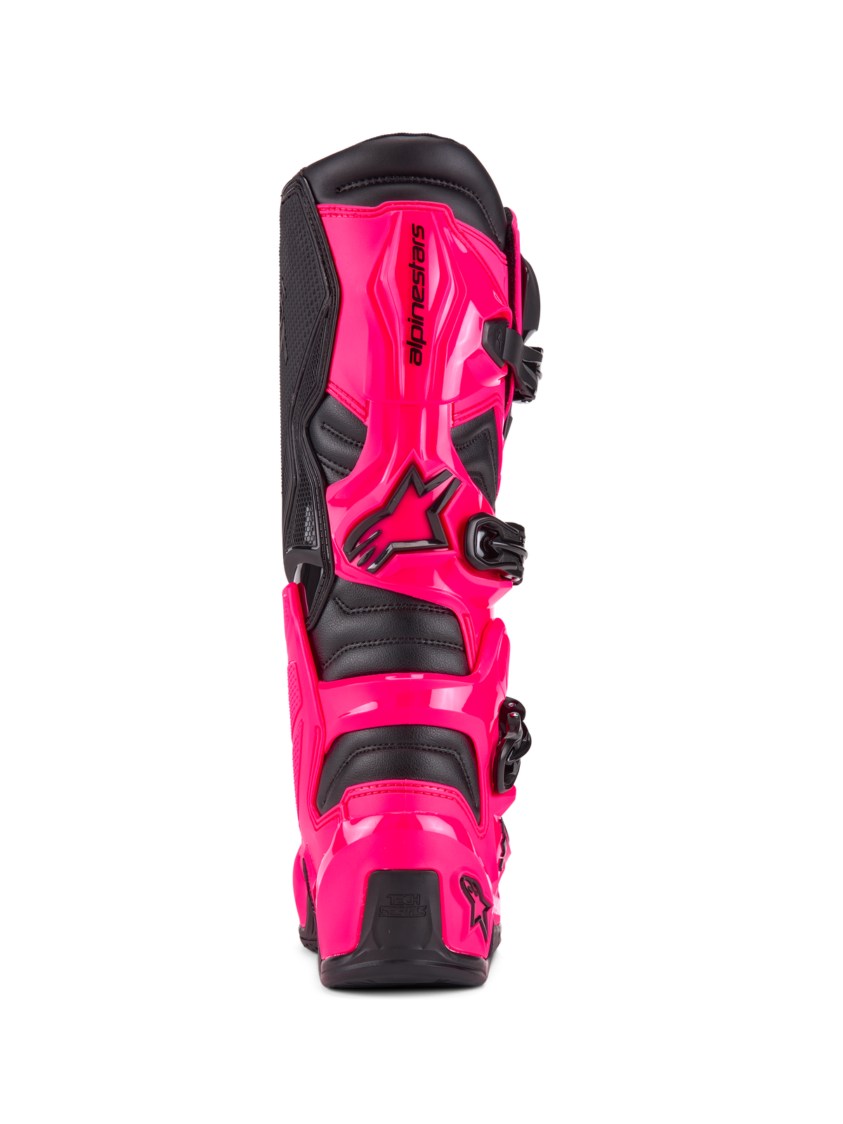Stivali Alpinestars Tech 7, stivali da motocross, Diva Pink e nero, vista posteriore con protezione per tallone e polpaccio in TPU ad alto impatto, sistema di fibbie nere, costruzione robusta per il fuoristrada