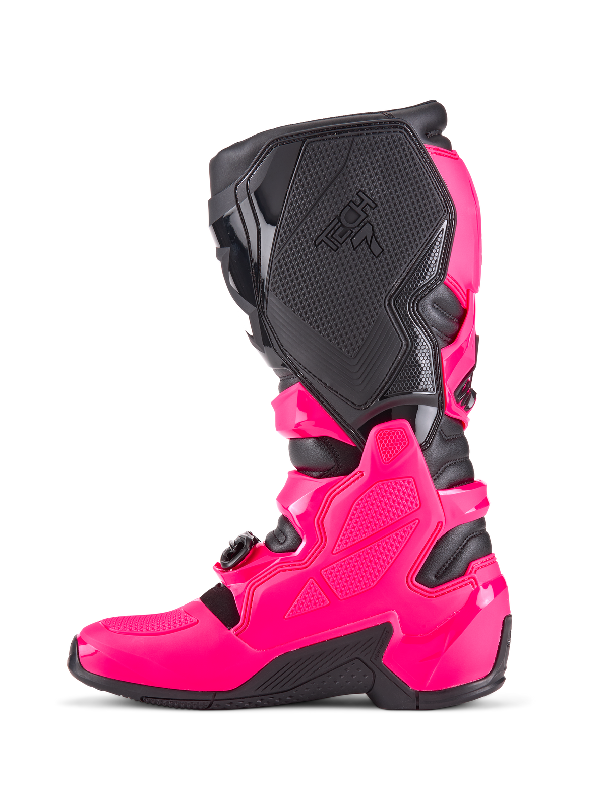 Stivali da motocross Alpinestars Tech 7, Rosa Diva e nero, profilo laterale con calotta protettiva in TPU, pannelli di presa mediale testurizzati con marchio Tech 7 e robusta suola nera, calzature da corsa fuoristrada ad alte prestazioni