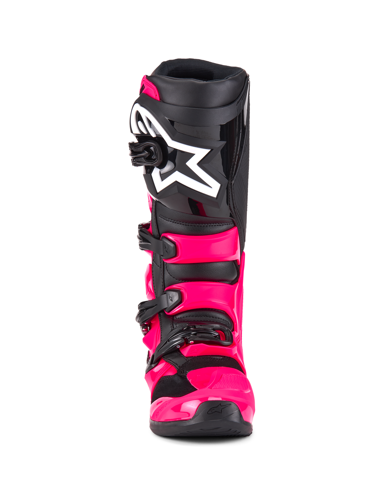 Stivali Alpinestars Tech 7, stivali da motocross, rosa e nero, vista frontale, con calotta e cinturini in TPU rosa acceso, placca parastinchi nera con grande logo a stella Alpinestars bianco e fibbie nere.