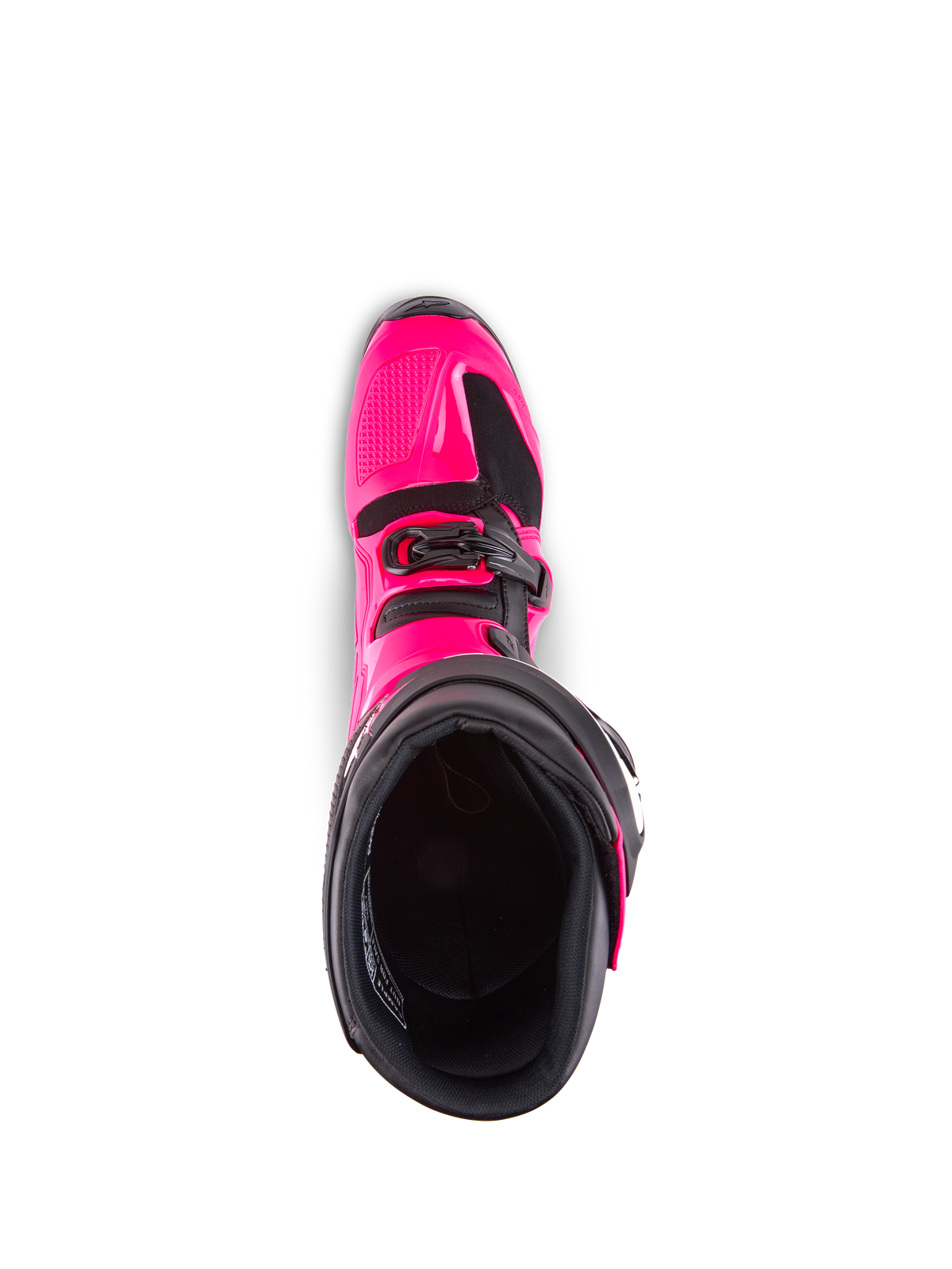 Stivali Alpinestars Tech 7, stivali da motocross, rosa diva e nero, vista dall'alto verso l'interno della fodera, che mostra la calotta esterna in TPU rosa e i dettagli della fibbia, progettati per prestazioni off-road