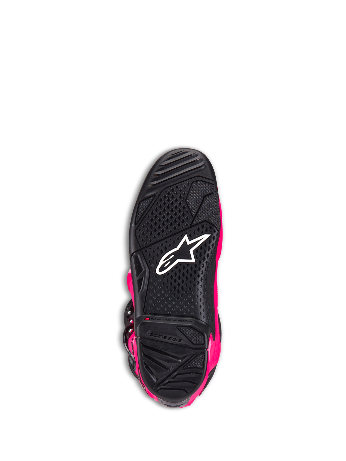Stivali Alpinestars Tech 7, stivali da motocross, rosa diva e nero, vista dal basso della suola esterna che mostra la gomma nera testurizzata, logo Alpinestars bianco e indicatore del limite di usura, calzature da fuoristrada ad alte prestazioni
