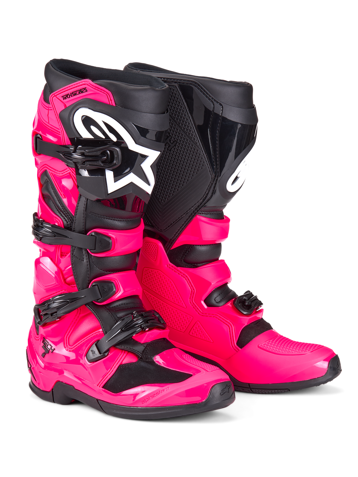 Stivali Alpinestars Tech 7, stivali da motocross, rosa diva e nero, caratterizzati da una robusta calotta in TPU, sistema di chiusura a quattro fibbie e prominente logo Alpinestars bianco, calzature off-road ad alte prestazioni