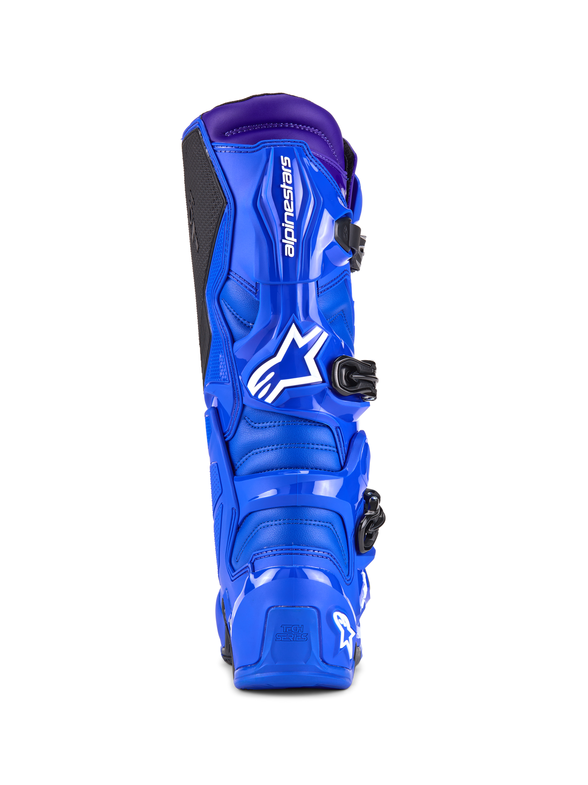 Stivali Alpinestars Tech 7, stivali da motocross, blu con accenti viola, vista posteriore che mostra la protezione in TPU, logo Alpinestars bianco sul tallone e pannello grip laterale nero, calzature da fuoristrada ad alte prestazioni