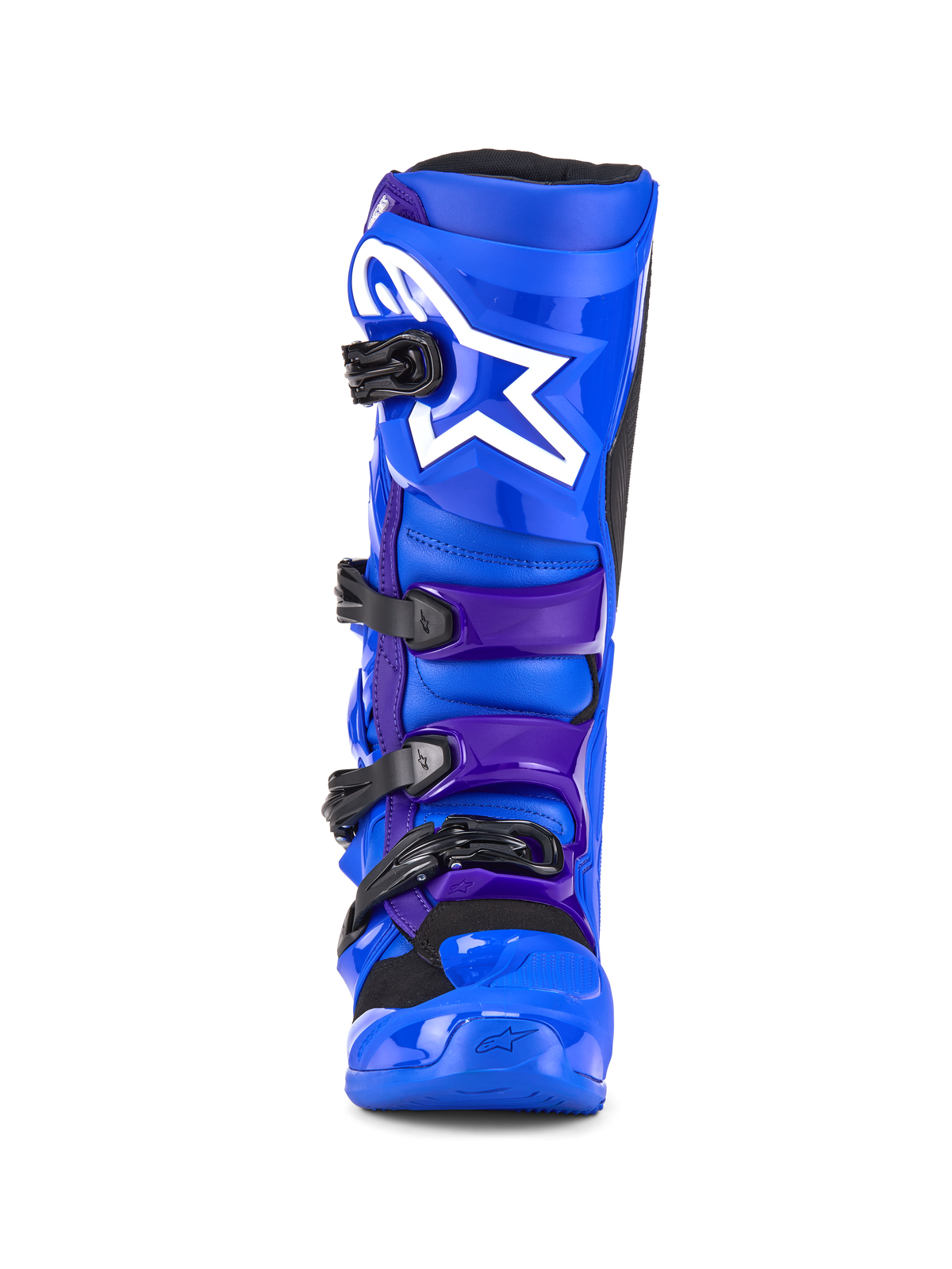 Alpinestars Tech 7 Boots, stivali da motocross, blu e viola, con logo a stella bianca sul parastinco, sistema di chiusura a quattro fibbie e costruzione in TPU rinforzato per gare off-road, vista frontale