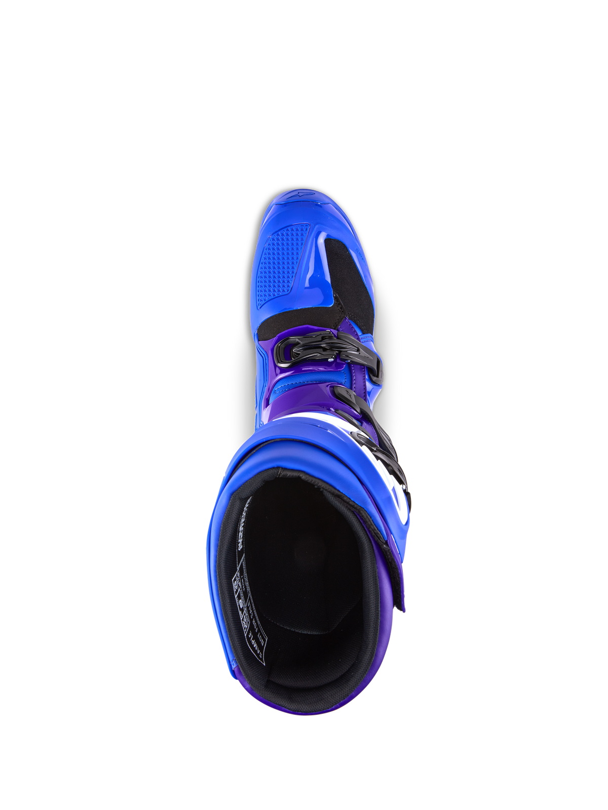 Stivali Alpinestars Tech 7, stivali da motocross, blu con accenti viola e neri, vista dall'alto che mostra la fodera interna e il sistema di fibbie, costruzione robusta in TPU e microfibra per prestazioni off-road