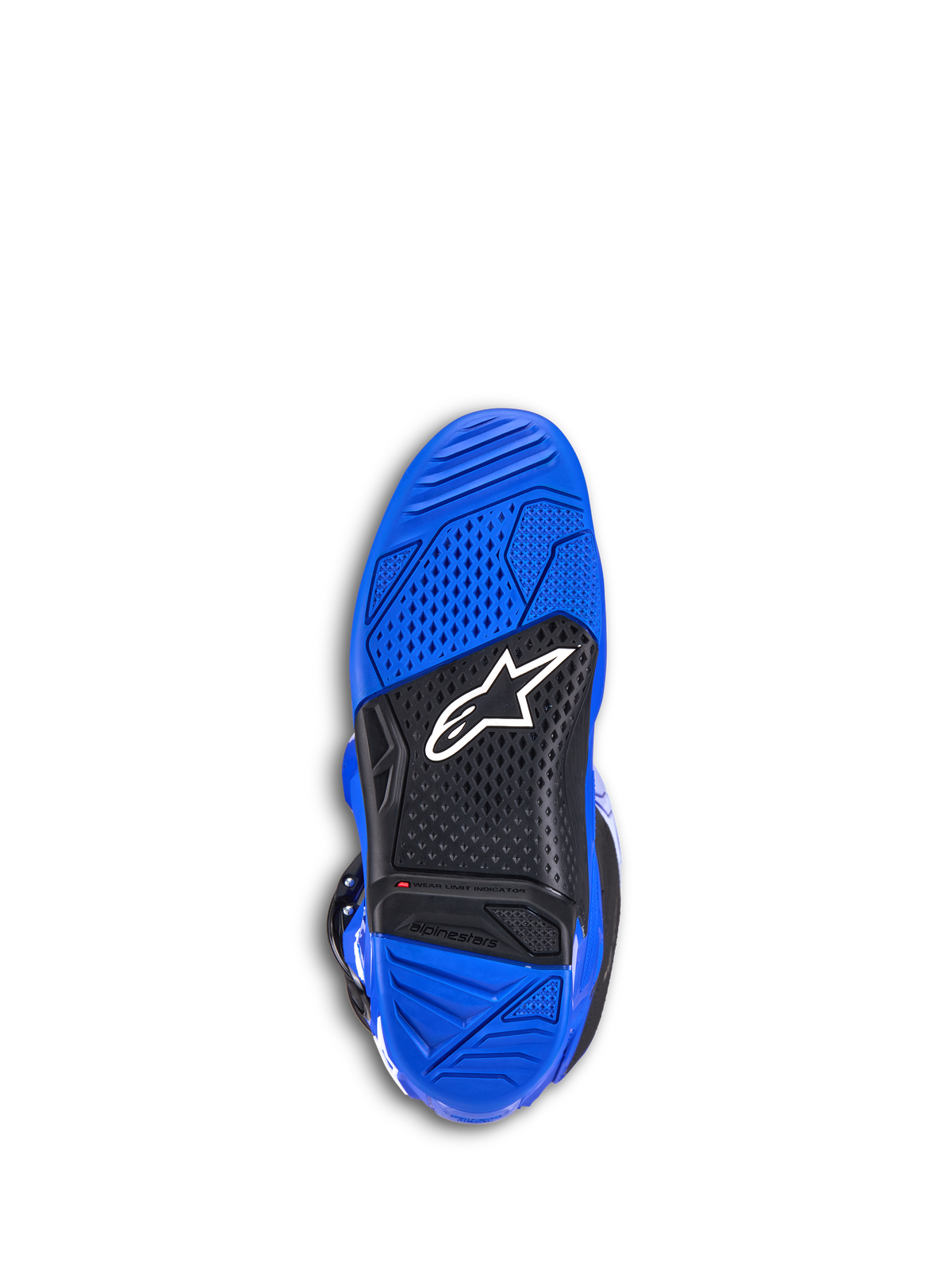 Alpinestars Tech 7 Boots, stivali da motocross, blu, vista dal basso della suola in gomma testurizzata blu e nera, logo Alpinestars bianco e indicatore rosso del limite di usura, calzature resistenti per il fuoristrada