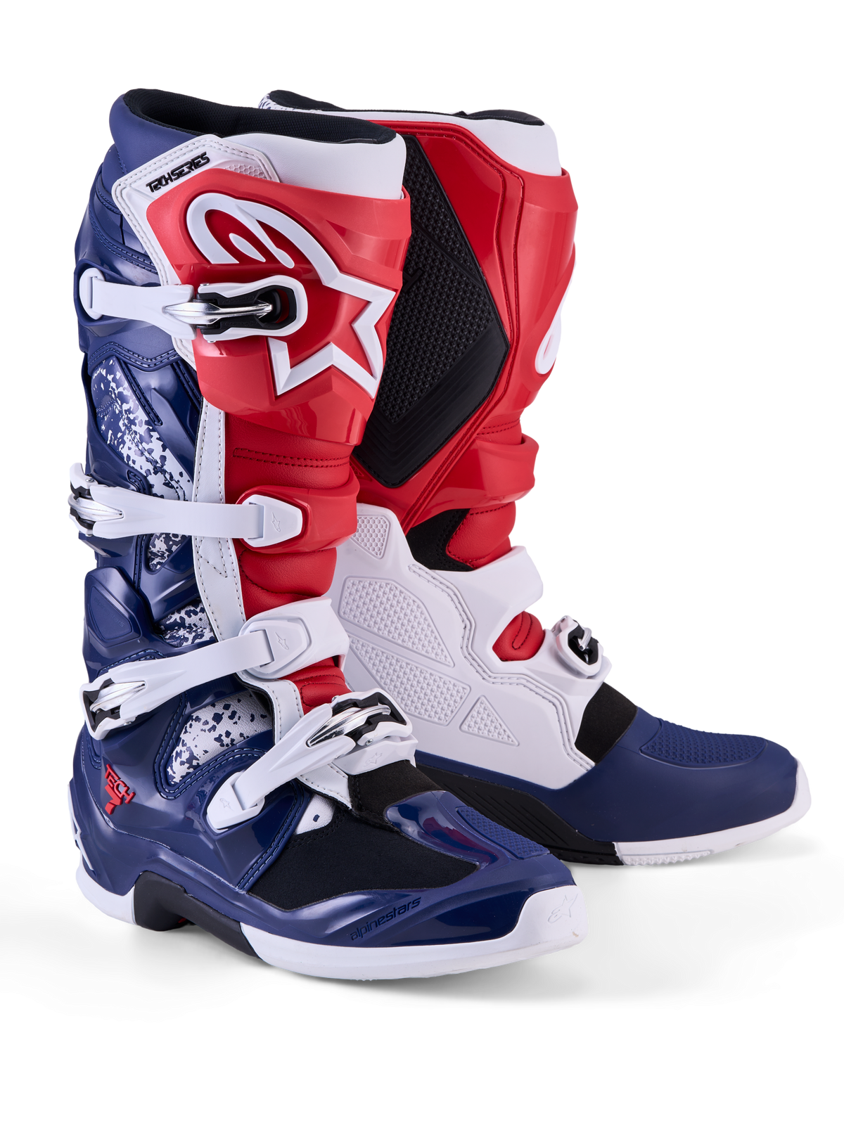 Alpinestars stivali Tech 7 Unity Limited Edition, stivali da motocross da uomo rossi, bianchi e blu con protezioni in TPU e fibbie.