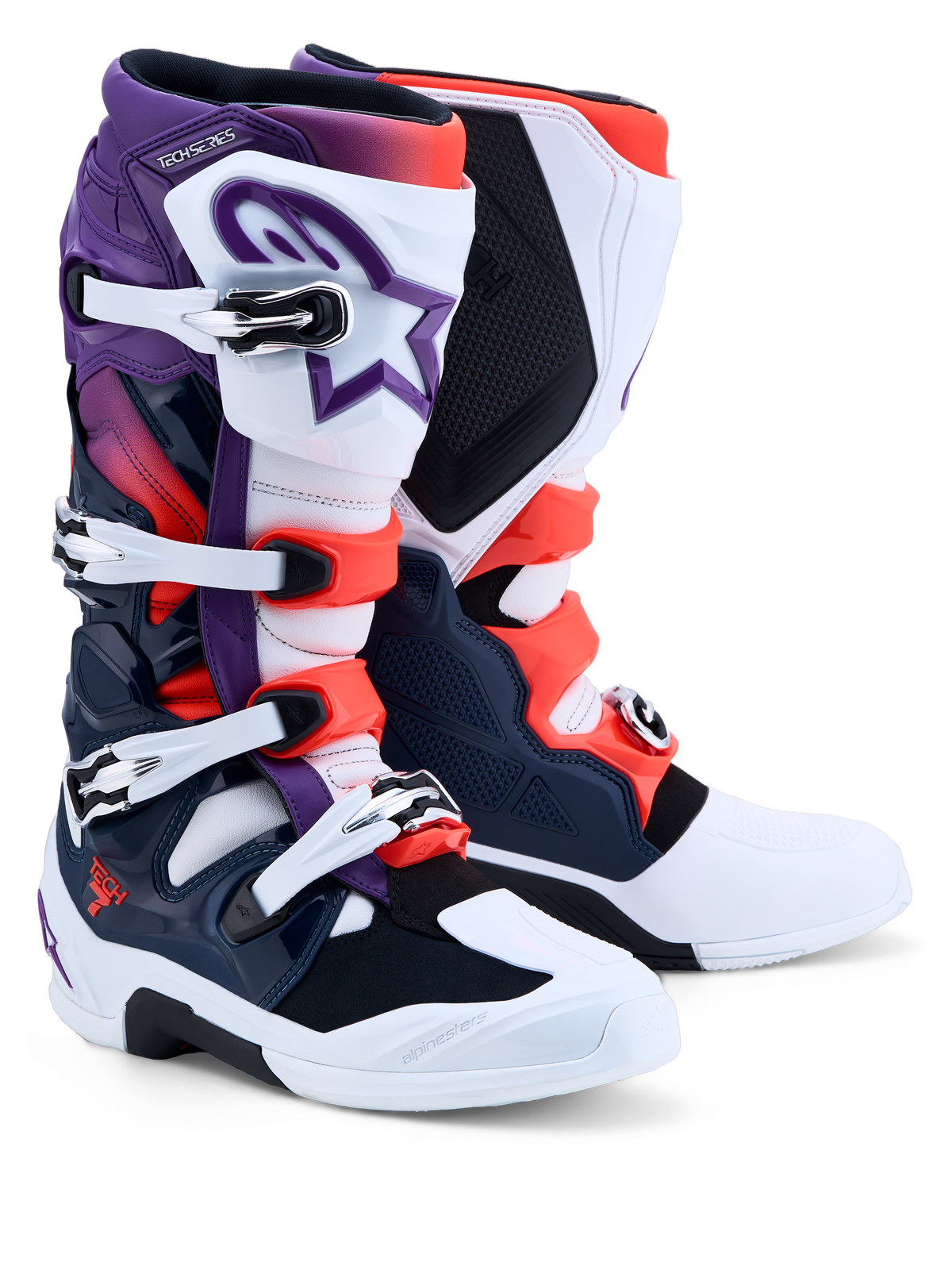 Alpinestars stivali Tech 7, stivali motocross da uomo, viola, bianchi, blu scuro, rosso fluo, certificati CE con protezioni TPU.
