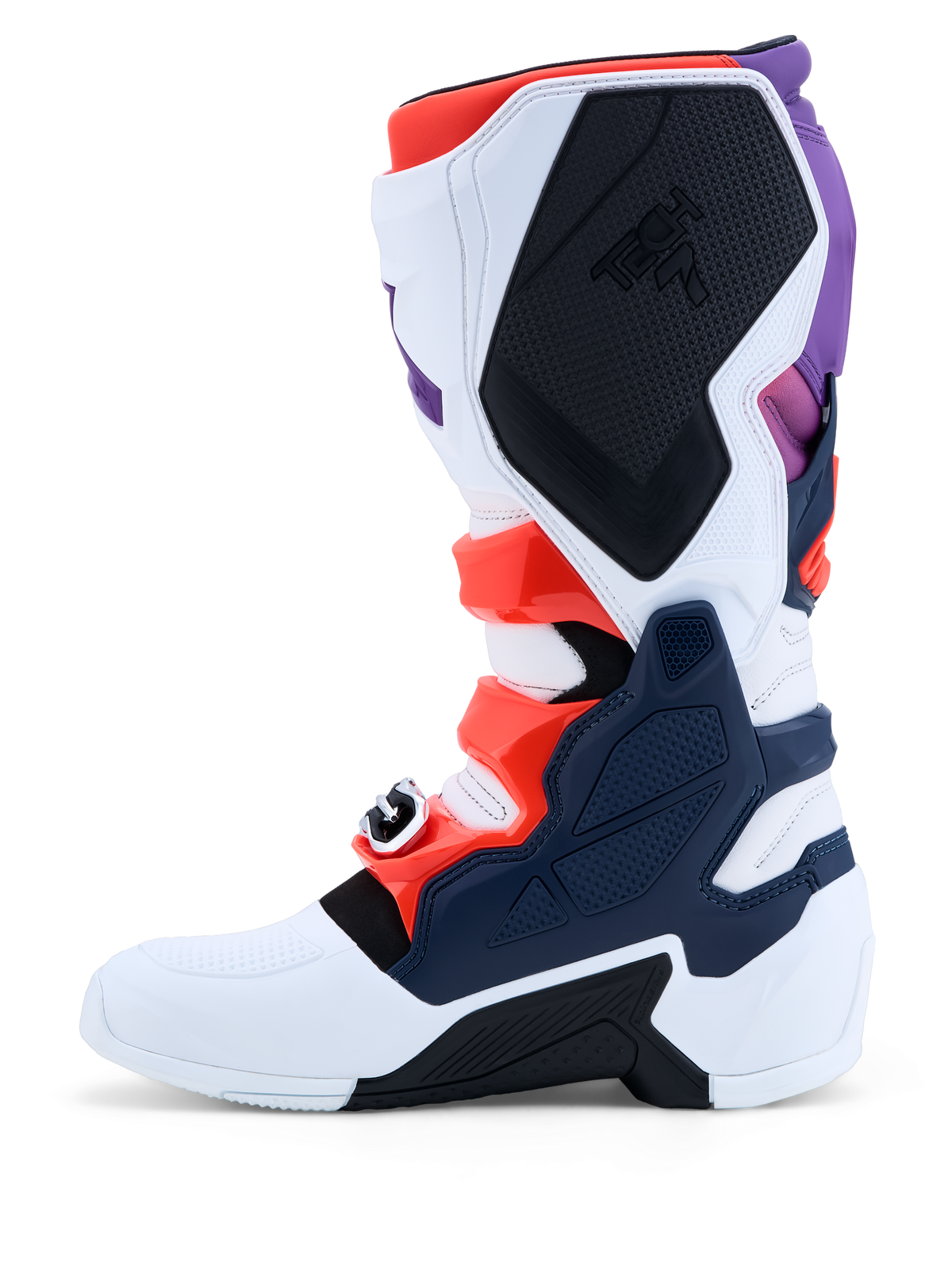 Alpinestars Stivali Tech 7, stivali da motocross da uomo, viola, bianchi e blu scuro con accenti rosso fluo e piastre protettive in TPU.