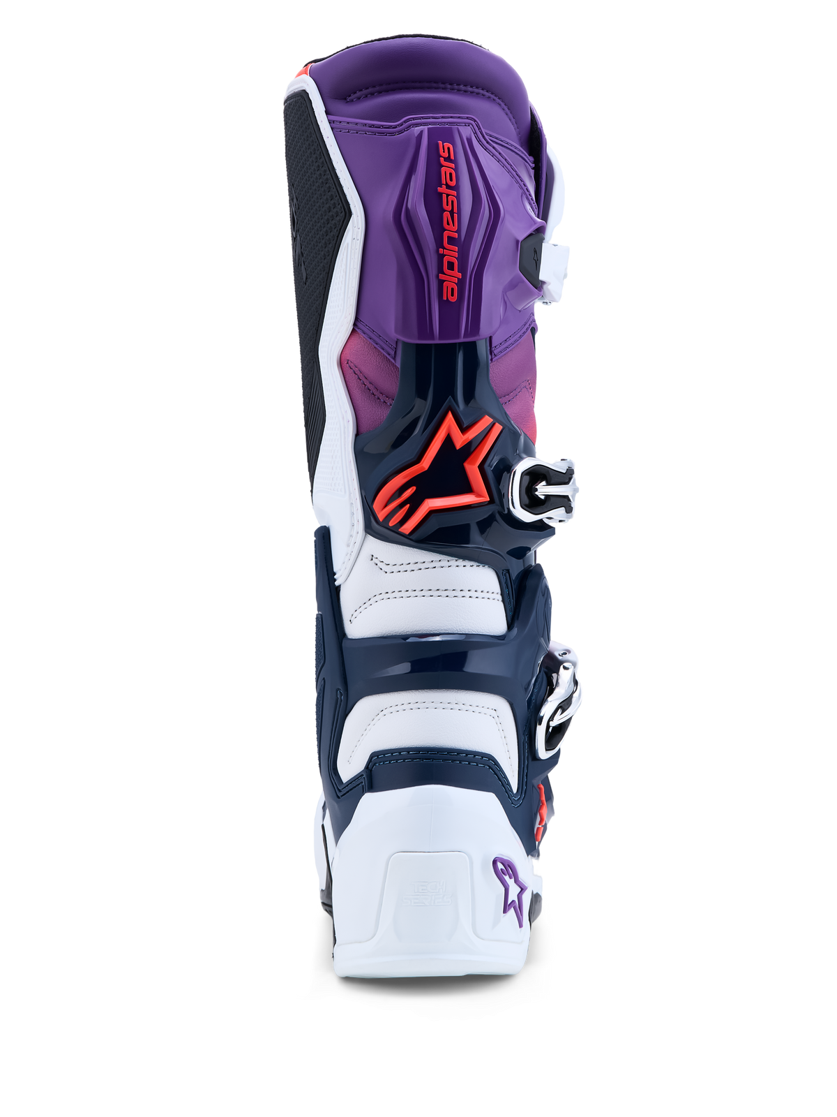 Alpinestars Stivali Tech 7, stivali da motocross da uomo viola e bianchi, vista posteriore con protezioni TPU e rosso fluo