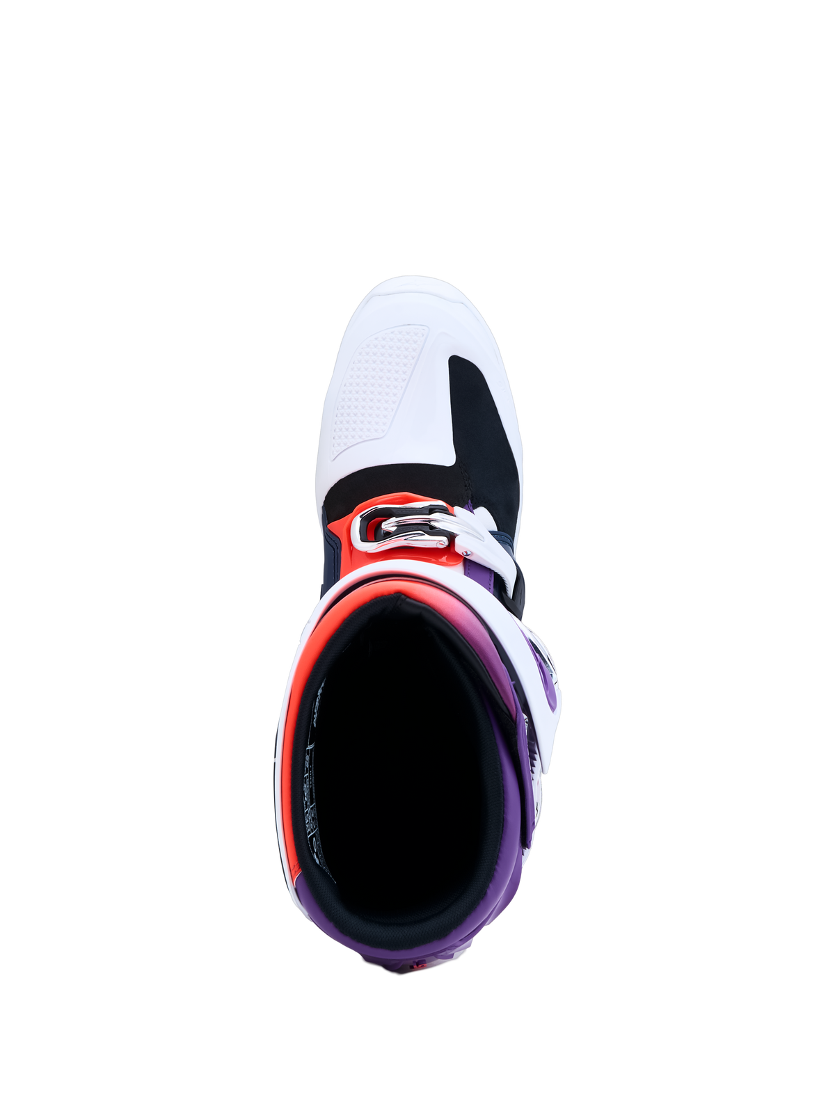 Alpinestars Stivali Tech 7, stivali da motocross da uomo viola e bianchi, vista dall'alto con imbottitura interna e fibbia.