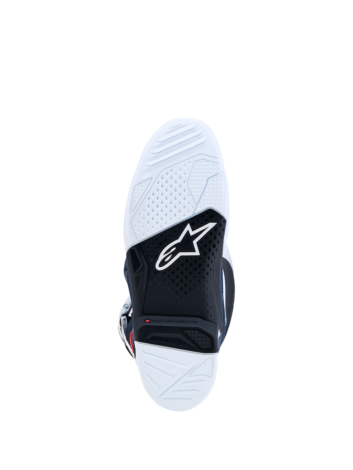 Alpinestars Stivali Tech 7, suola da motocross in gomma bianca e nera con indicatore di usura rosso, protezione off-road