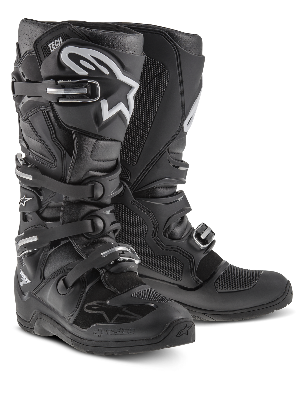 Stivali Alpinestars Tech 7 Enduro, stivali da motocross e fuoristrada, nero con logo Alpinestars bianco, quattro fibbie regolabili, piastra tibiale in TPU e suola resistente specifica per l'Enduro