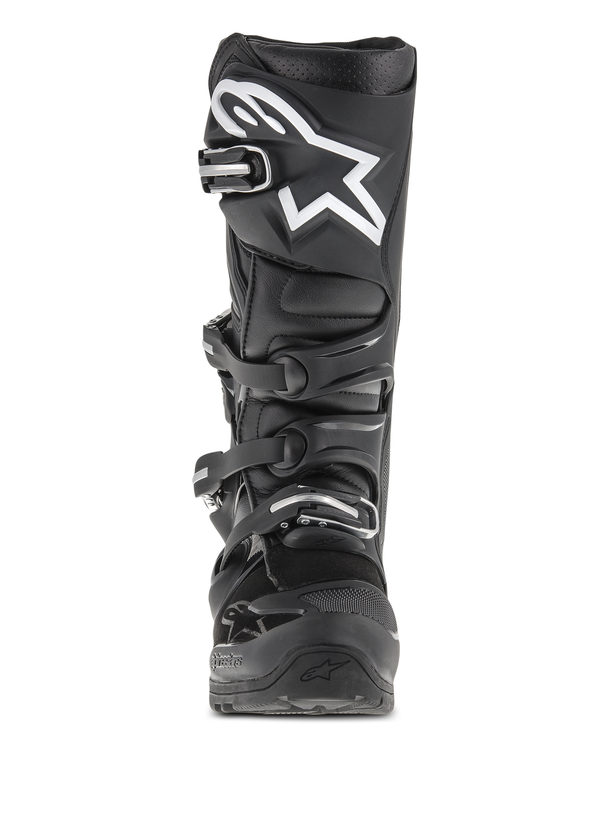 Stivali Alpinestars Tech 7 Enduro, stivali da motocross ed enduro, nero, vista frontale con logo a stella bianco sullo stinco, sistema di chiusura a quattro fibbie e struttura protettiva rinforzata per uso fuoristrada