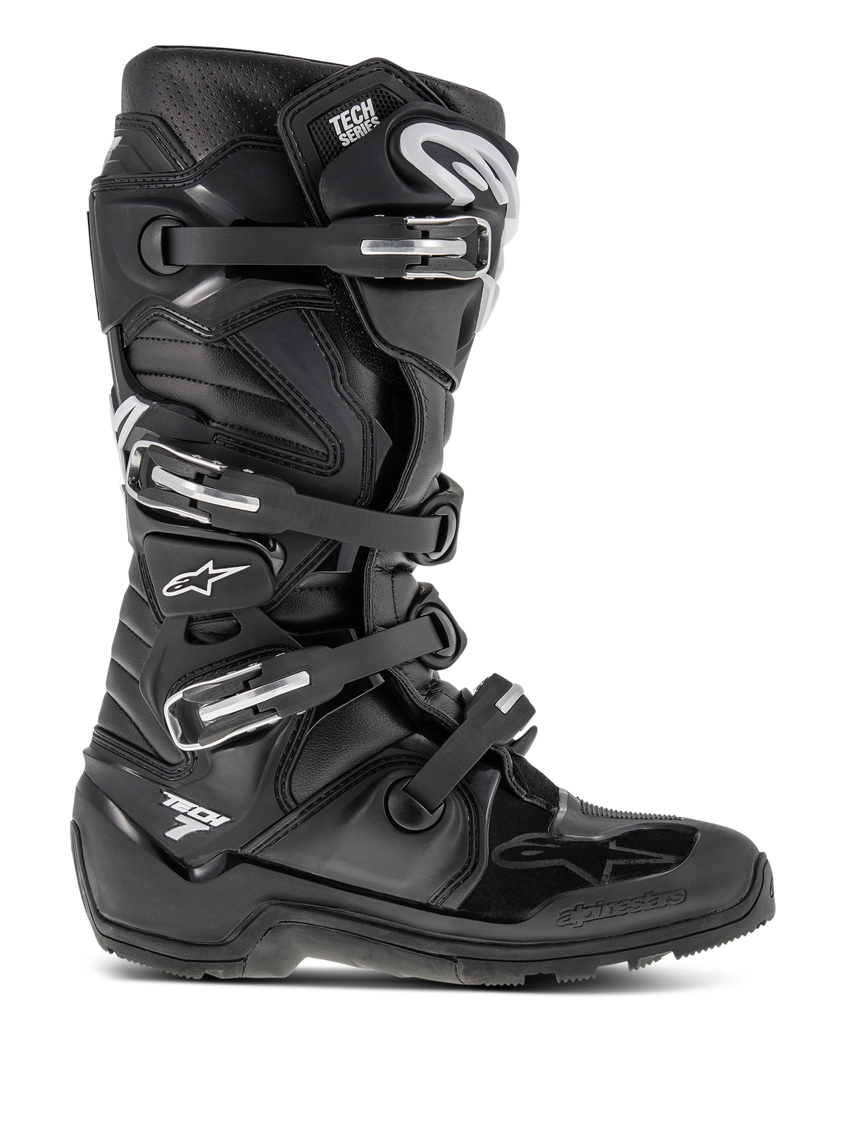 Alpinestars Tech 7 Enduro Boots, stivali da motocross neri, dotati di quattro fibbie regolabili e telaio in TPU rinforzato, suola a carrarmato per trazione fuoristrada, logo a stella bianco e marchio Tech 7, calzature resistenti ad alte prestazioni per enduro e dirt bike