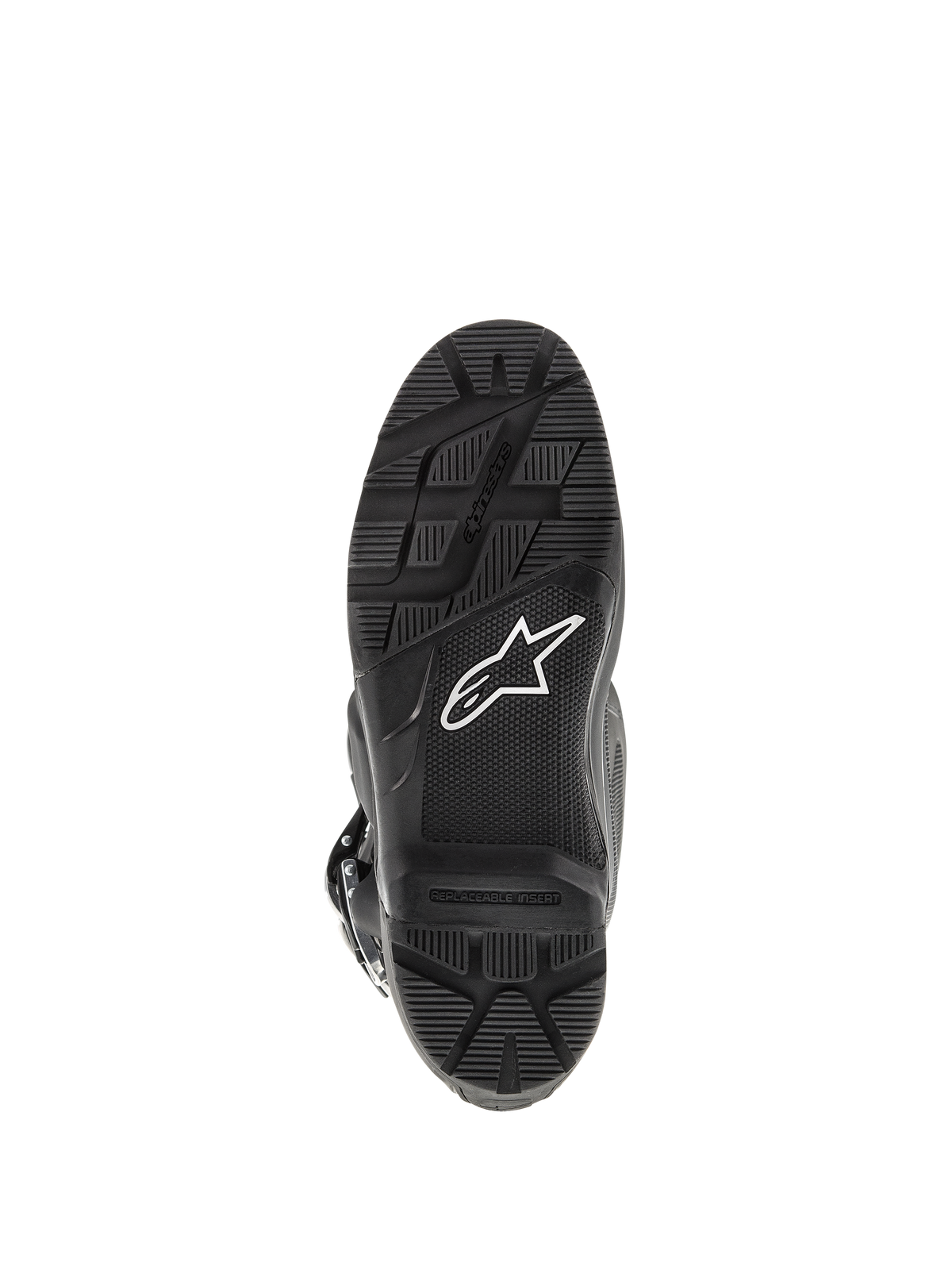 Stivali Alpinestars Tech 7 Enduro, nero, vista inferiore della suola, con battistrada robusto per la guida Enduro, logo a stella bianco e inserto pedana sostituibile