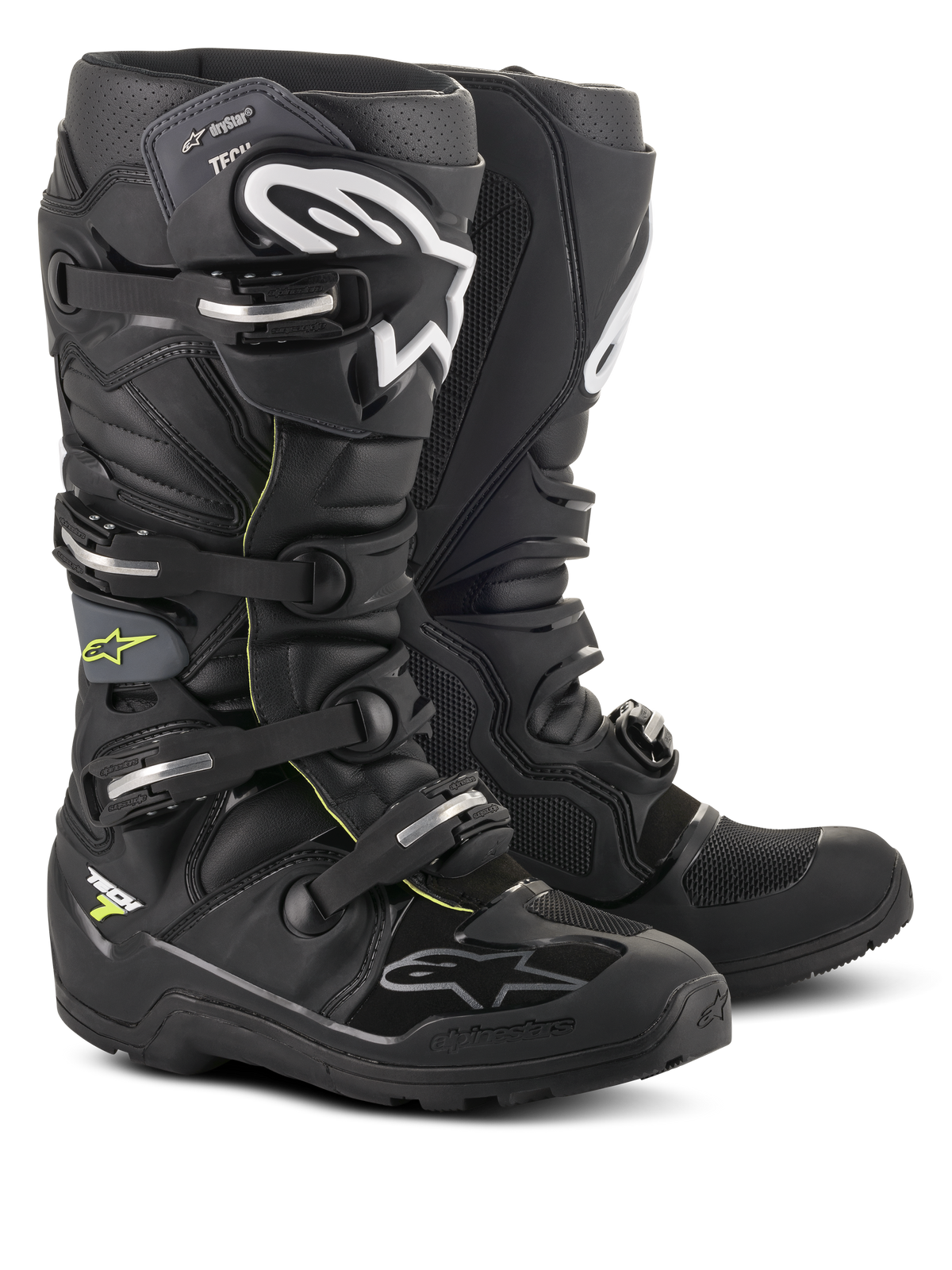 Alpinestars Tech 7 Enduro Drystar® Boots, calzature professionali da motocross ed enduro, nero e grigio con loghi bianchi e fibbie argento, design robusto impermeabile con suole resistenti per prestazioni fuoristrada