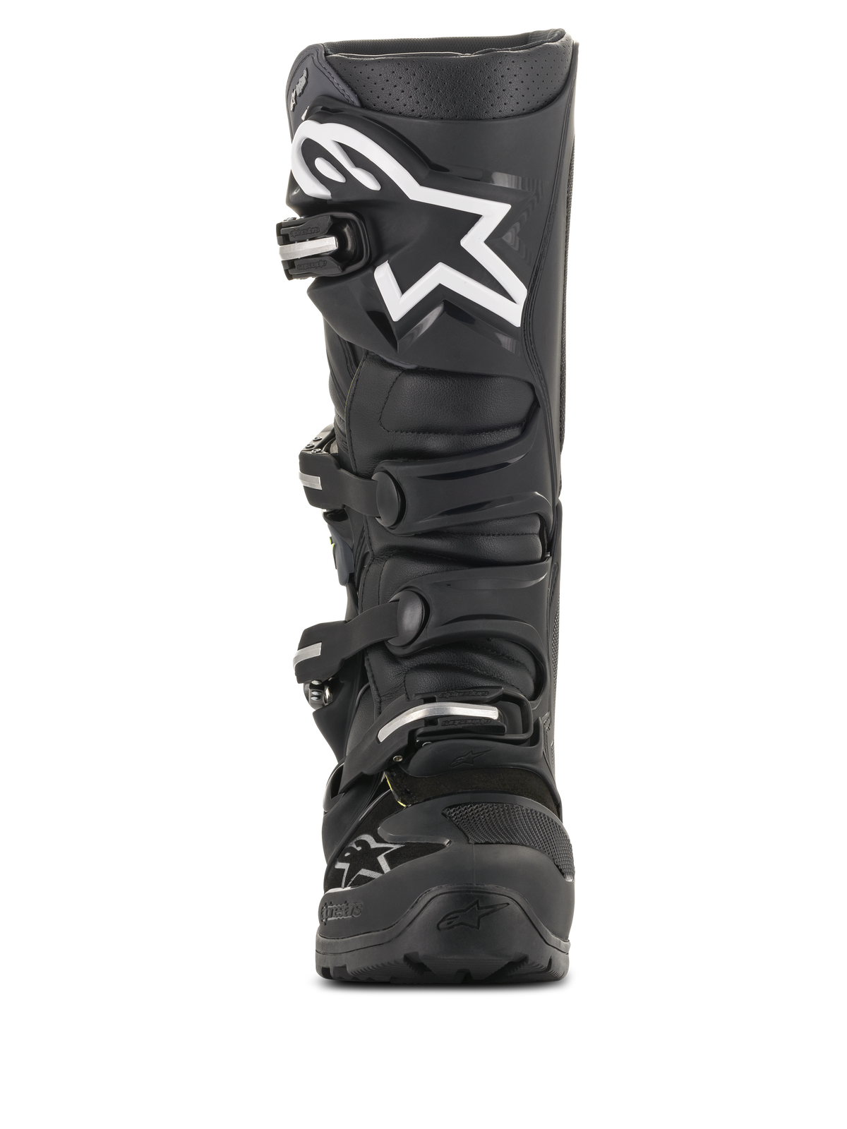 Stivali Alpinestars Tech 7 Enduro Drystar®, stivali da motocross neri, vista frontale con grande logo a stella bianco sulla tibia, sistema di chiusura a quattro fibbie, robusta costruzione in TPU per guida enduro e fuoristrada