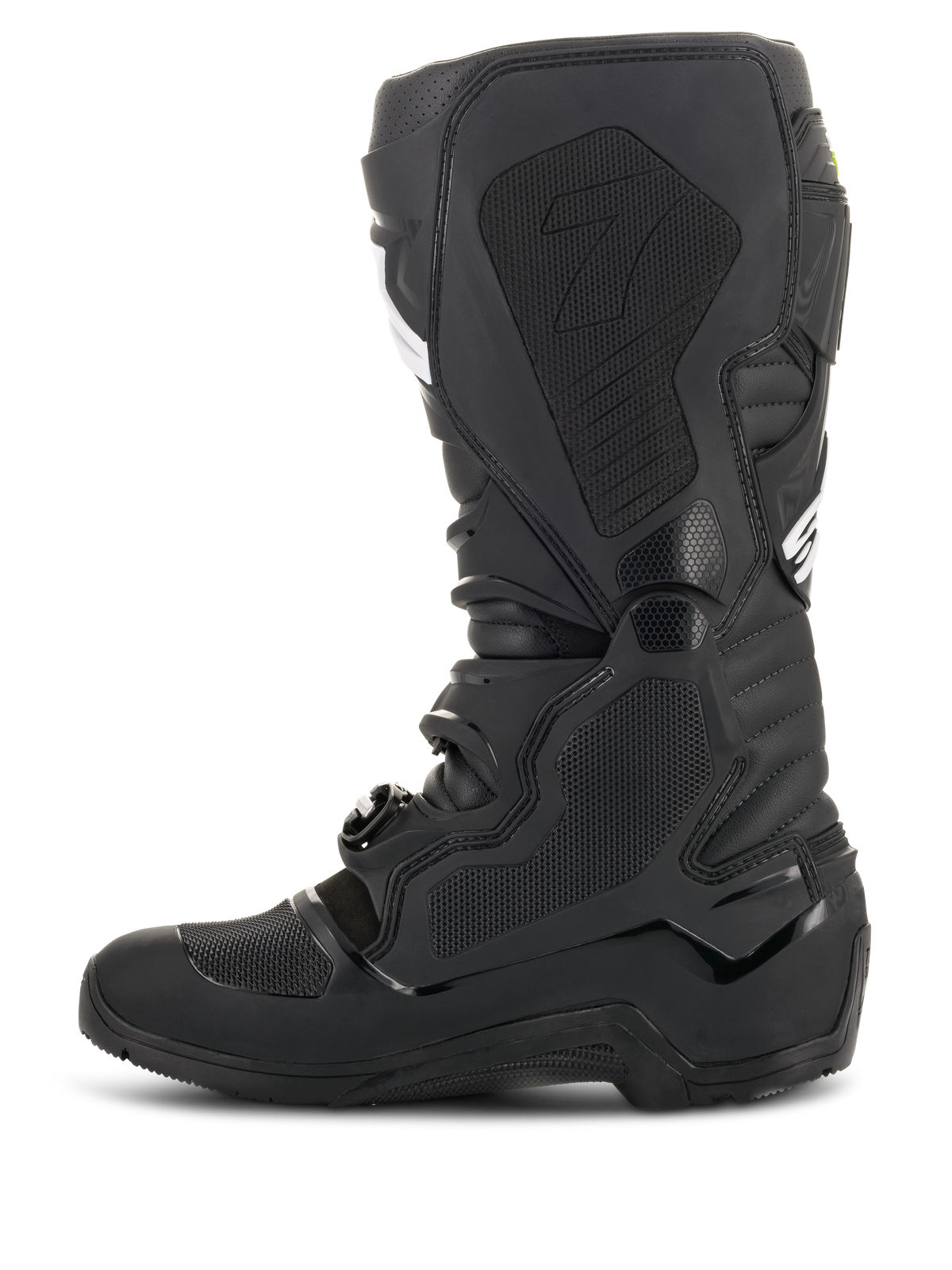 Stivali Alpinestars Tech 7 Enduro Drystar®, nero, vista di profilo del lato mediale con pannelli di aderenza a nido d'ape e logo '7', calzature da moto fuoristrada impermeabili per gare di enduro