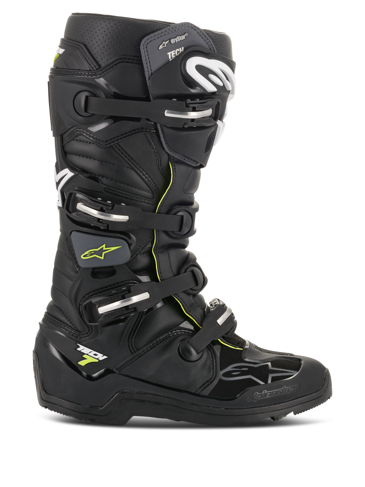 Alpinestars Tech 7 Enduro Drystar Boots, stivali da moto fuoristrada impermeabili, nero con dettagli giallo fluorescente, quattro fibbie argentate, suola robusta ad alta aderenza e costruzione protettiva in TPU per la guida Enduro
