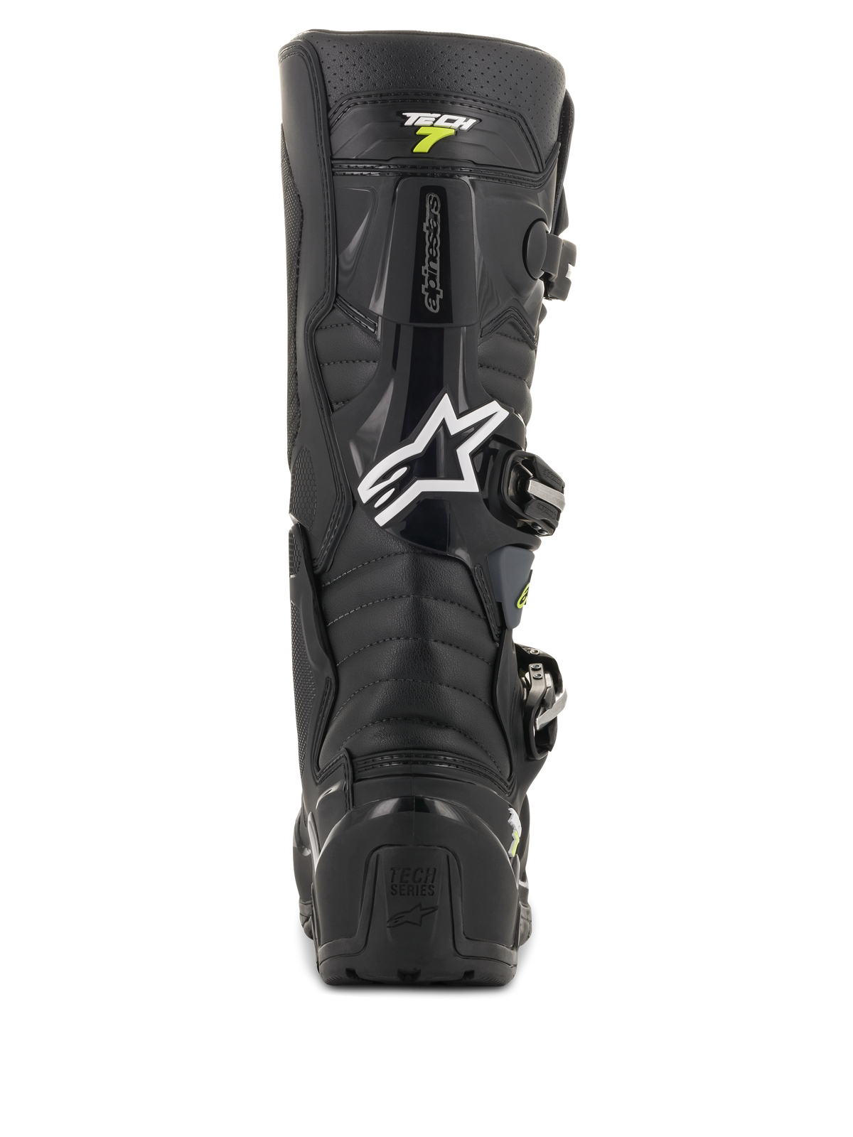 Stivali Alpinestars Tech 7 Enduro Drystar, stivali da motocross nero e grigio, vista posteriore con logo Alpinestars bianco e branding 'Tech 7', robusta protezione del tallone in TPU e costruzione rinforzata per la massima durata nel fuoristrada