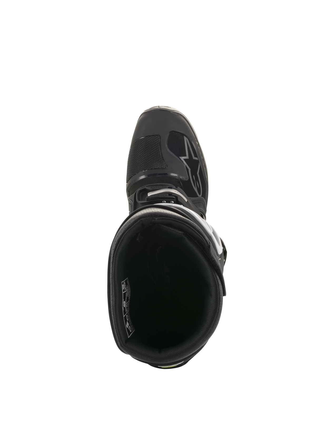Stivali Alpinestars Tech 7 Enduro Drystar®, vista dall'alto dell'interno con fodera e colletto imbottito, calzatura tecnica da fuoristrada nera e grigia con sistema di fibbie sicuro