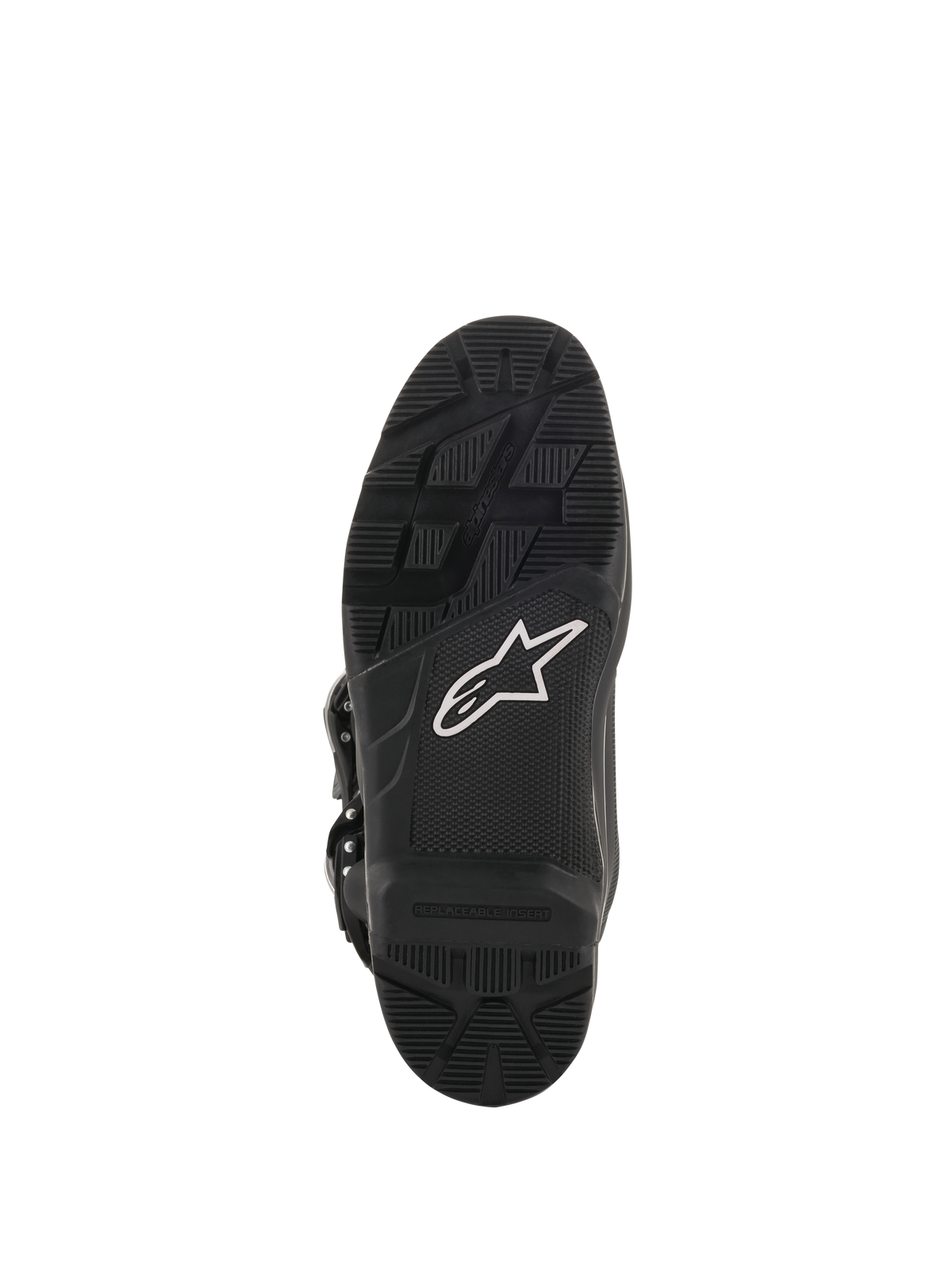 Stivali Alpinestars Tech 7 Enduro Drystar®, stivali da motocross ed enduro, vista della suola in nero, mescola di gomma ad alta aderenza con logo a stella bianco e inserto sostituibile per prestazioni fuoristrada durature