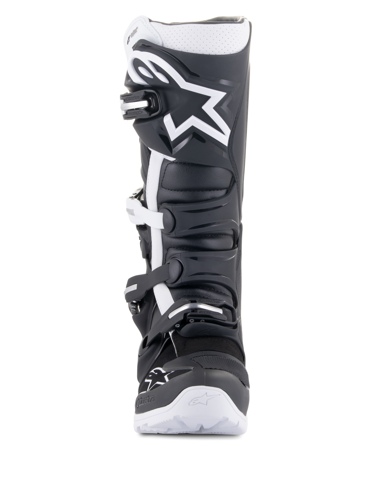 Stivali Alpinestars Tech 7 Enduro Drystar®, stivali da moto Enduro, nero e bianco, con un grande logo Alpinestars bianco sulla placca tibiale, sistema di chiusura a quattro fibbie e suola bianca robusta, progettati per prestazioni fuoristrada