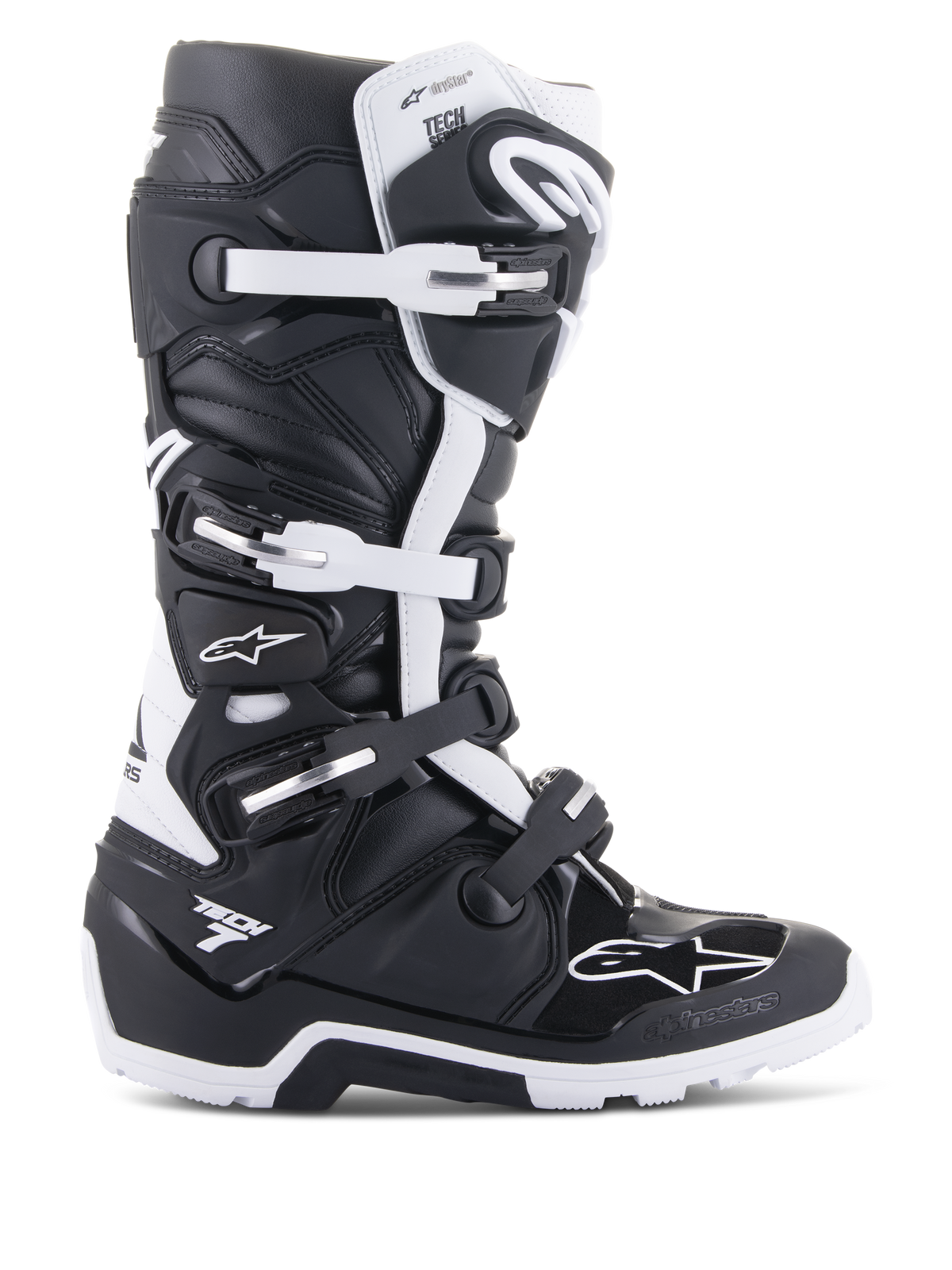 Alpinestars Tech 7 Enduro Drystar, stivali da moto enduro e fuoristrada, nero e bianco, sistema di chiusura a quattro fibbie, logo membrana impermeabile Drystar, suola robusta per grip off-road, pannelli protettivi in TPU con loghi Alpinestars