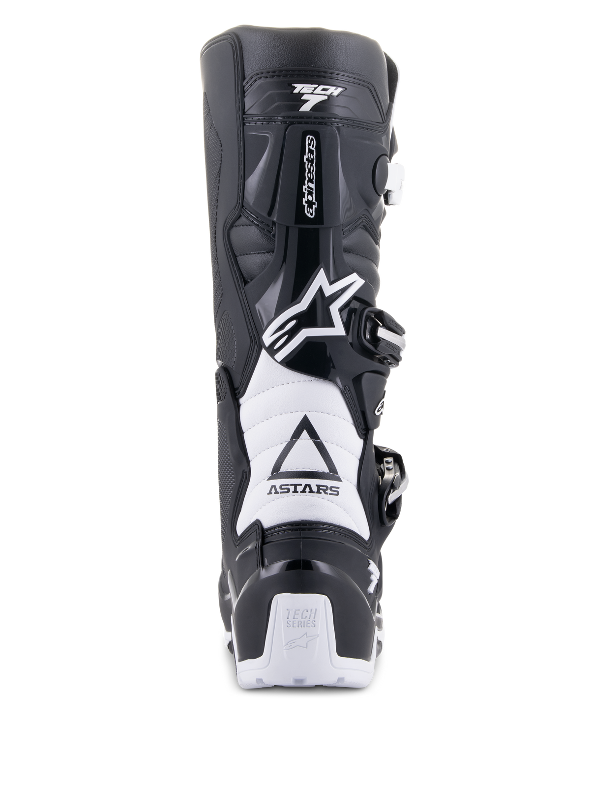 Stivali Alpinestars Tech 7 Enduro Drystar, nero e bianco, vista posteriore che mostra la struttura protettiva in TPU, zone di flessione a fisarmonica bianche e sistema di chiusura con fibbie, con marchio Alpinestars sul tallone e sulla tomaia