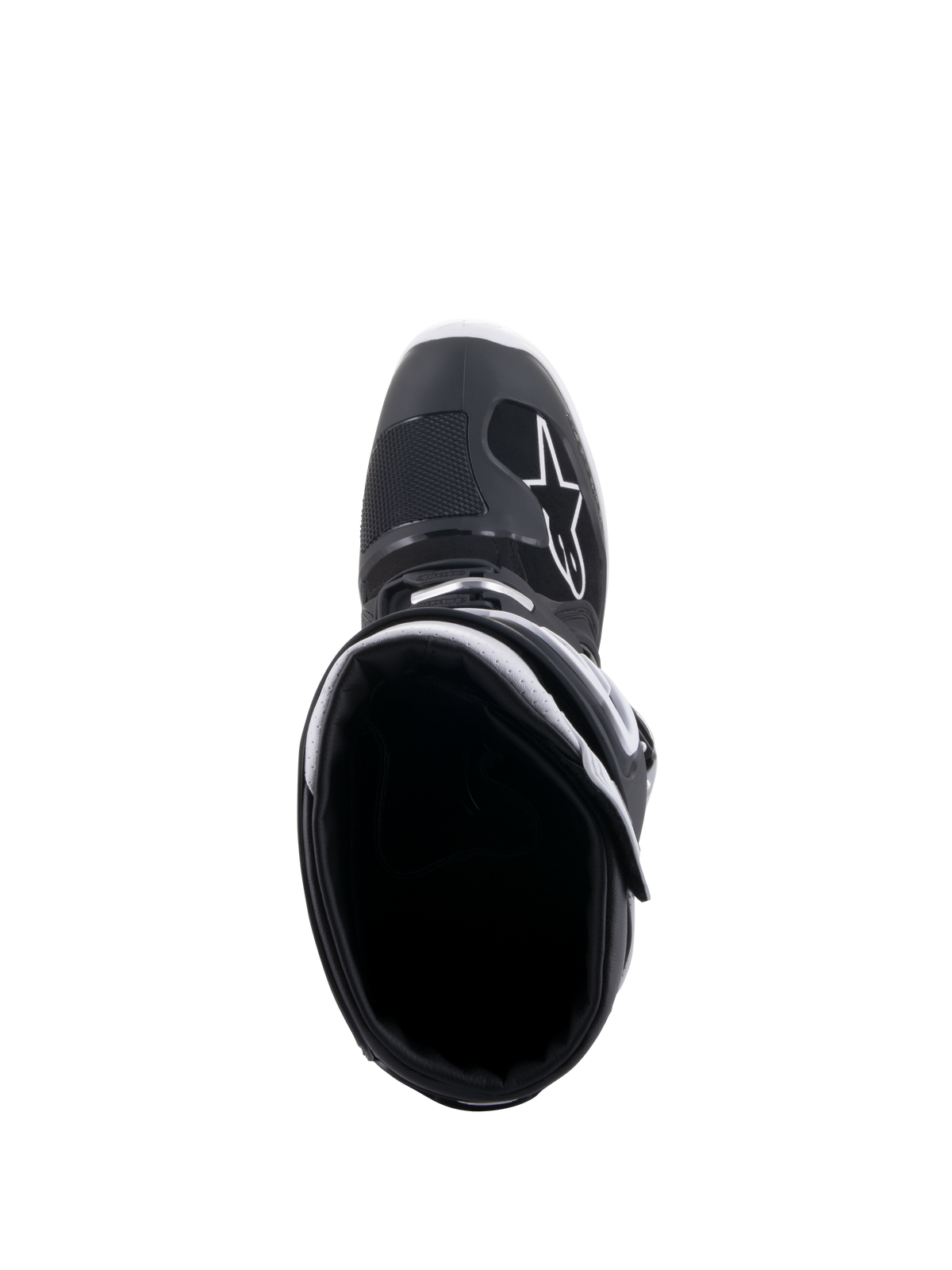 Stivali Alpinestars Tech 7 Enduro Drystar®, nero e bianco, vista dall'alto dell'apertura dello stivale, con logo A-star bianco sulla punta, rivestimento interno bianco e design impermeabile ad alte prestazioni per enduro