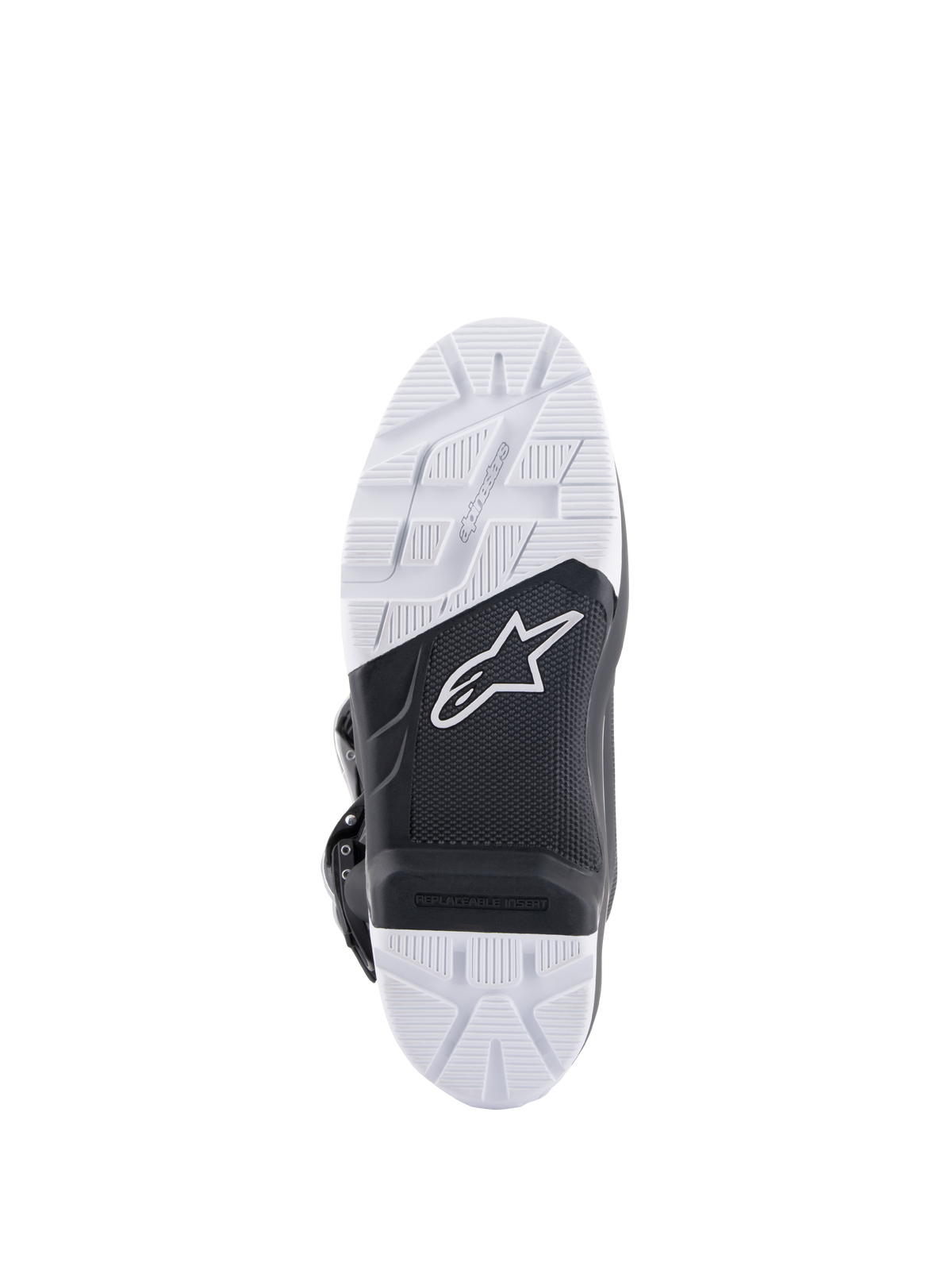 Stivali Alpinestars Tech 7 Enduro Drystar®, dettaglio suola, mescola di gomma a doppia densità bianca e nera ad alta aderenza, logo Alpinestars e inserto pedana sostituibile, progettata per trazione off-road ed enduro.