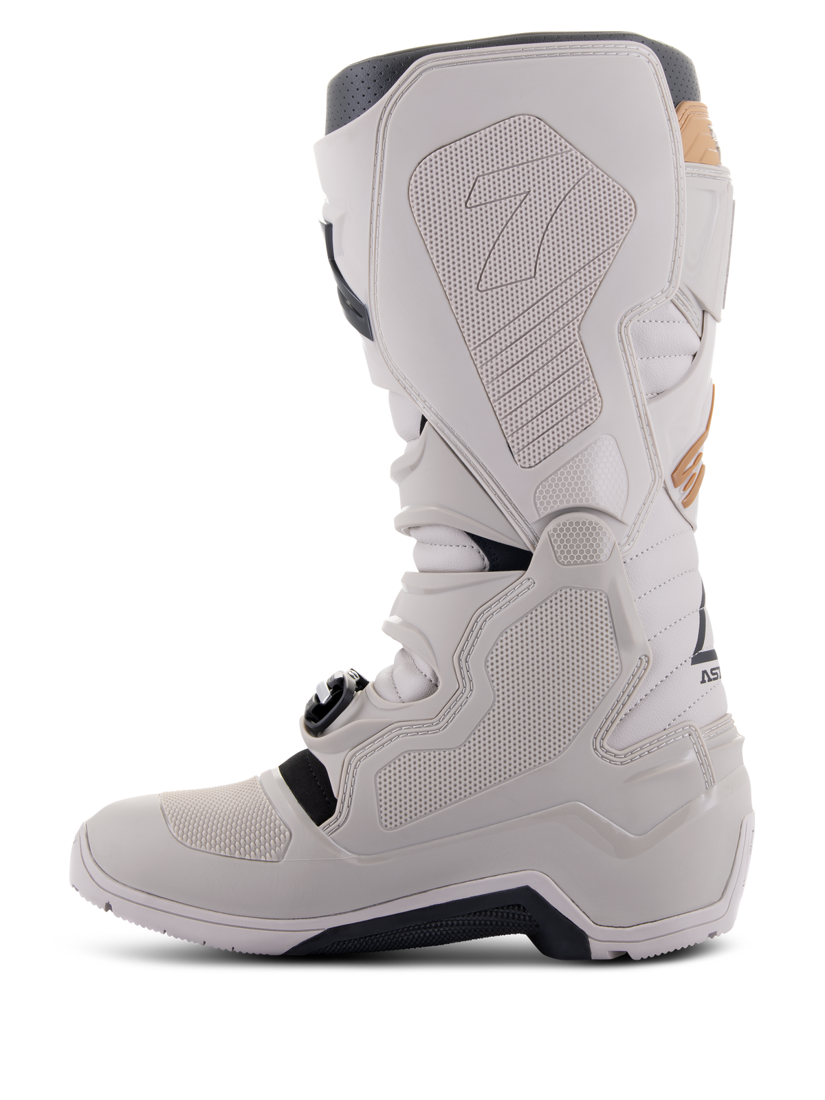 Stivali Alpinestars Tech 7 Enduro Drystar® in Grigio Sabbia, vista laterale mediale che mostra i pannelli di presa con trama a nido d'ape, costruzione in TPU grigio chiaro e microfibra, suola esterna nera e membrana impermeabile per prestazioni fuoristrada