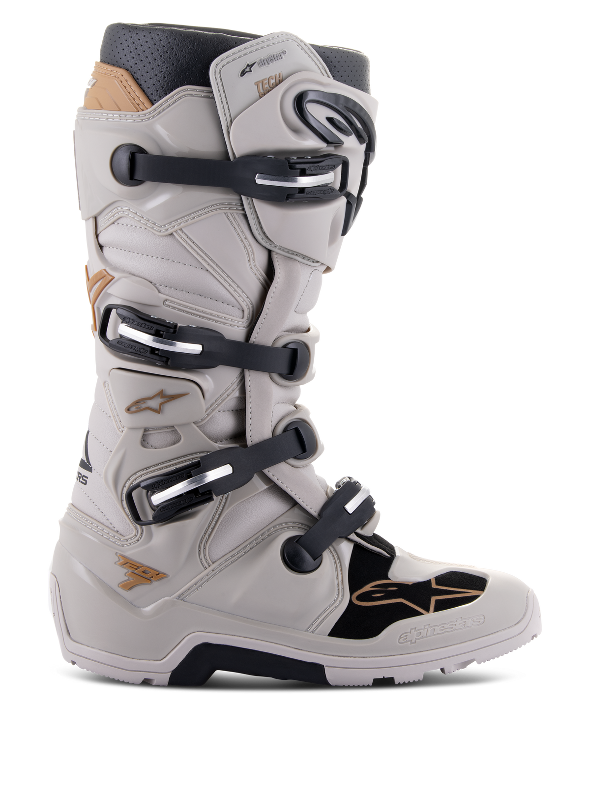 Alpinestars Tech 7 Enduro Drystar Boots, stivali da moto enduro impermeabili, grigio sabbia e nero con dettagli oro, sistema di chiusura a quattro fibbie, piastre di protezione in TPU, suola robusta per aderenza off-road