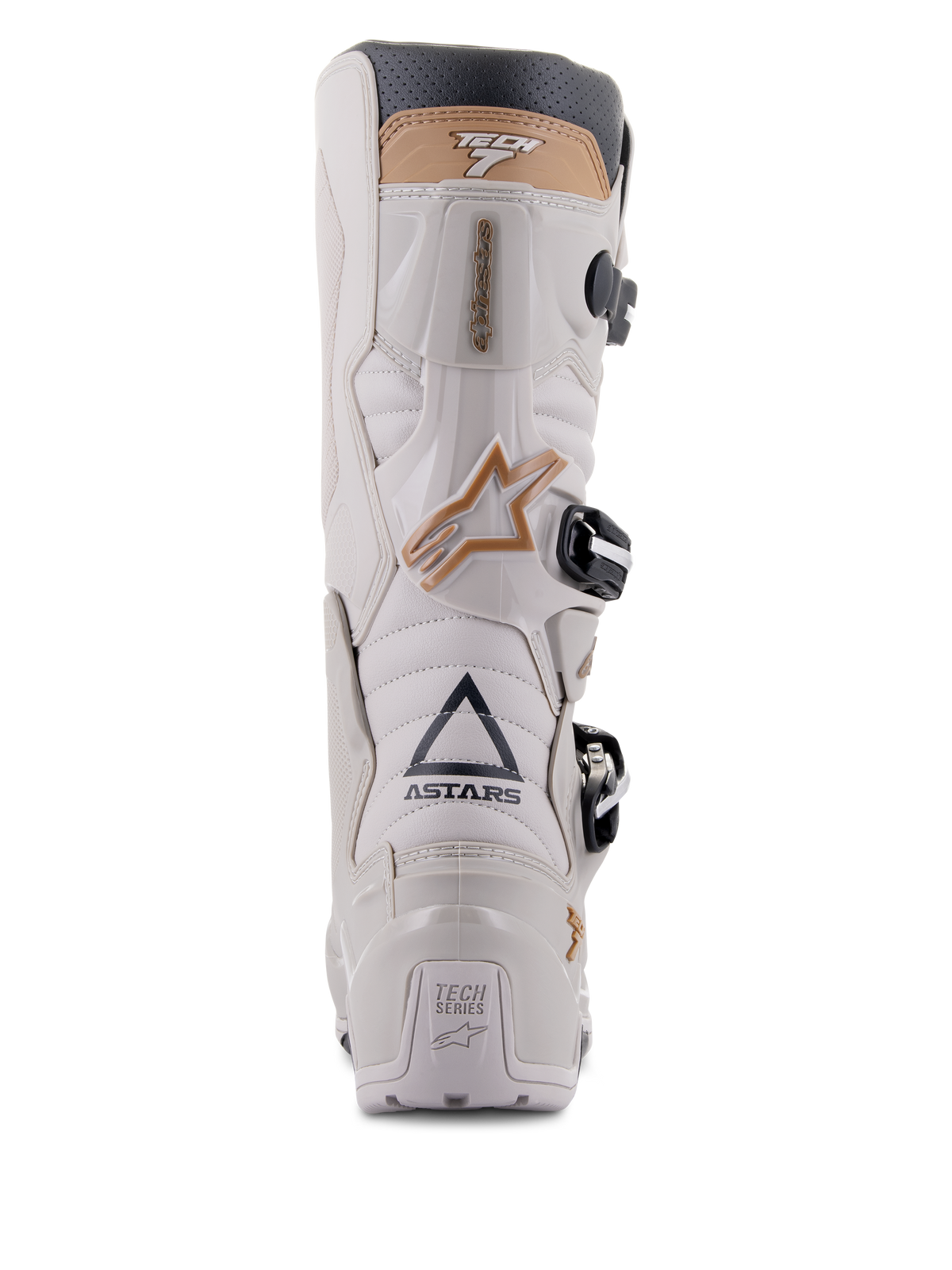 Stivali Alpinestars Tech 7 Enduro Drystar®, Gray Sand, vista posteriore che evidenzia il logo ASTARS e la placca del tallone TECH SERIES, telaio in TPU grigio chiaro con dettagli sabbia e fibbie nere, progettati per la guida enduro