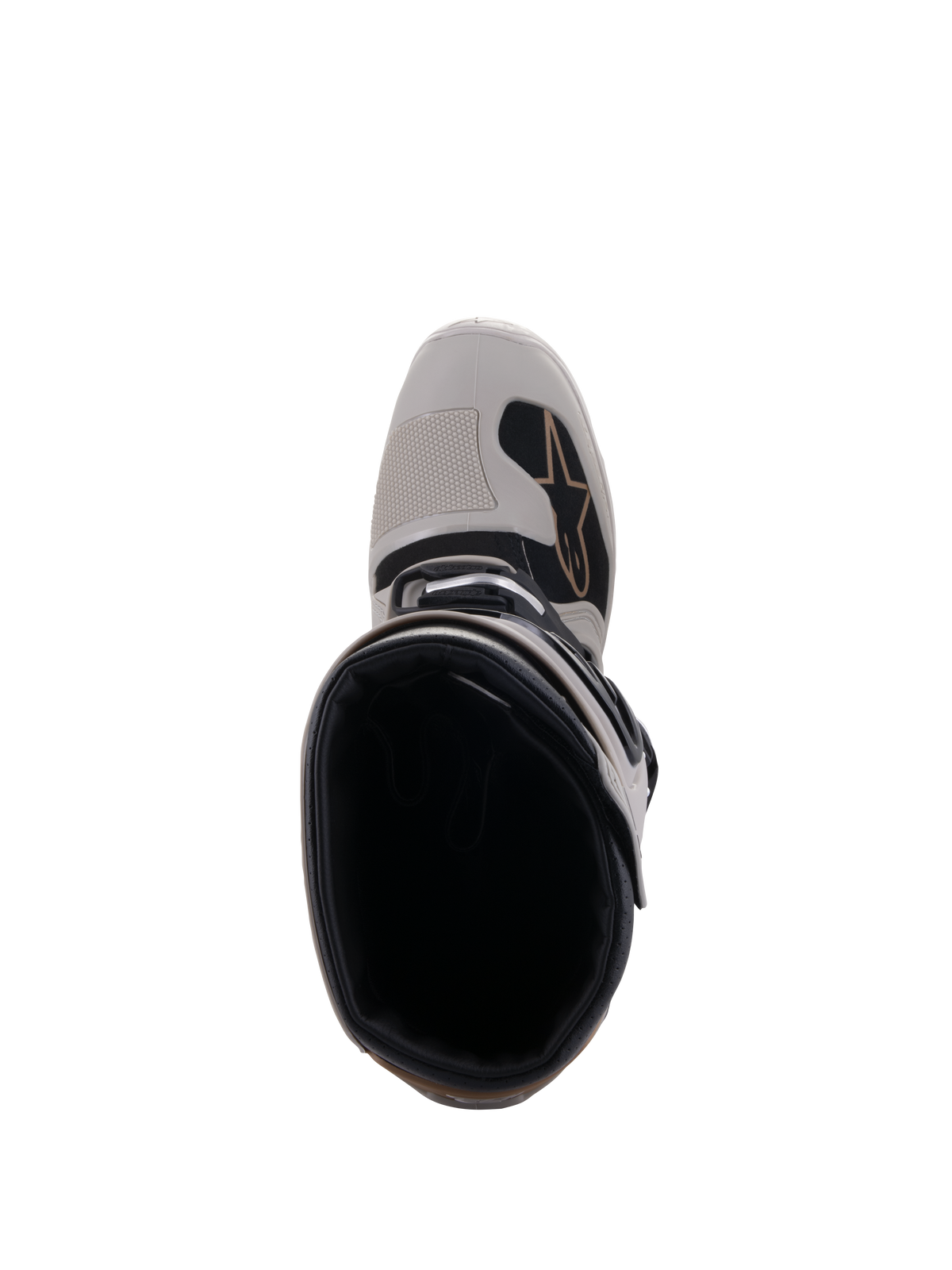 Stivali Alpinestars Tech 7 Enduro Drystar®, Grigio Sand, vista dall'alto dell'apertura dello stivale e della punta rinforzata, con dettagli neri e logo Alpinestars, calzature da moto fuoristrada impermeabili