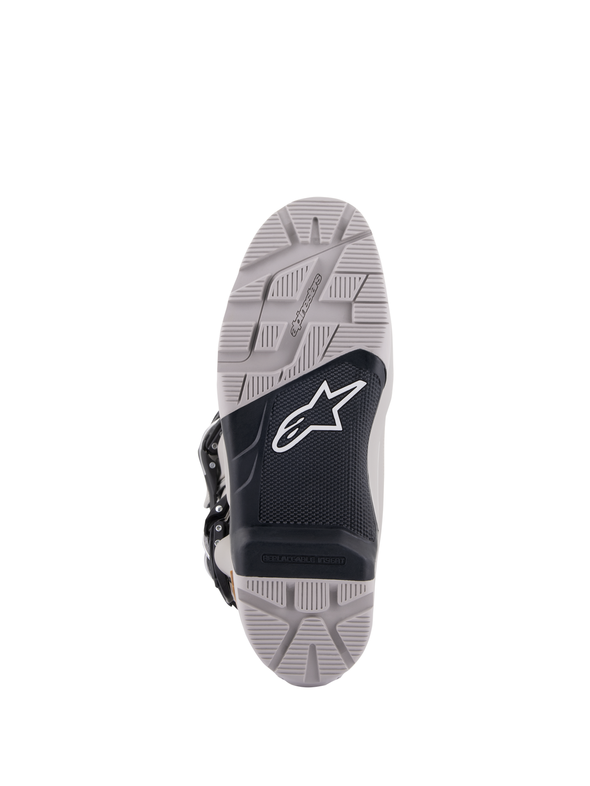Stivali Alpinestars Tech 7 Enduro Drystar®, vista della suola, grigio e nero, battistrada ad alta aderenza con pannello centrale nero testurizzato, logo Astar bianco, dotato di inserto sostituibile per durata e trazione nella guida enduro
