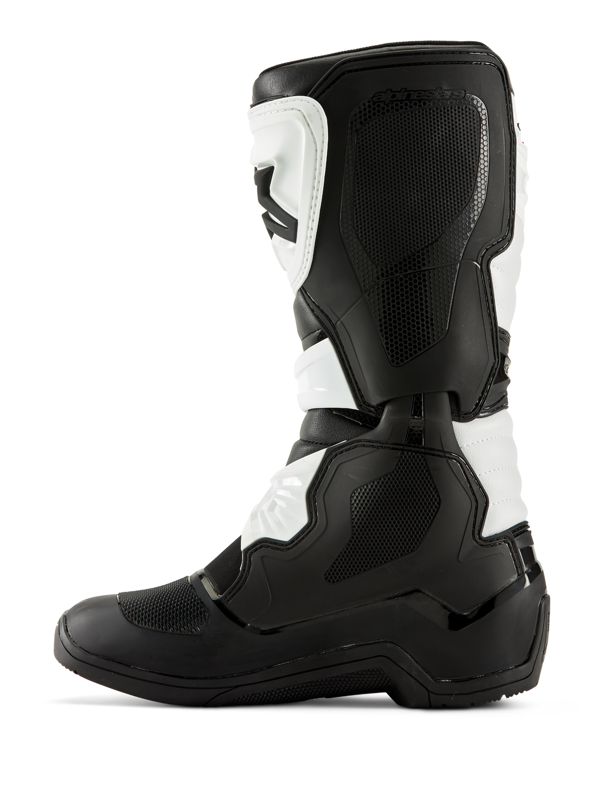 Stivali Alpinestars Tech 3, stivali da motocross, bianco e nero, profilo lato mediale con pannelli grip testurizzati, protezioni in TPU e robusta struttura in microfibra, calzature da fuoristrada di livello professionale