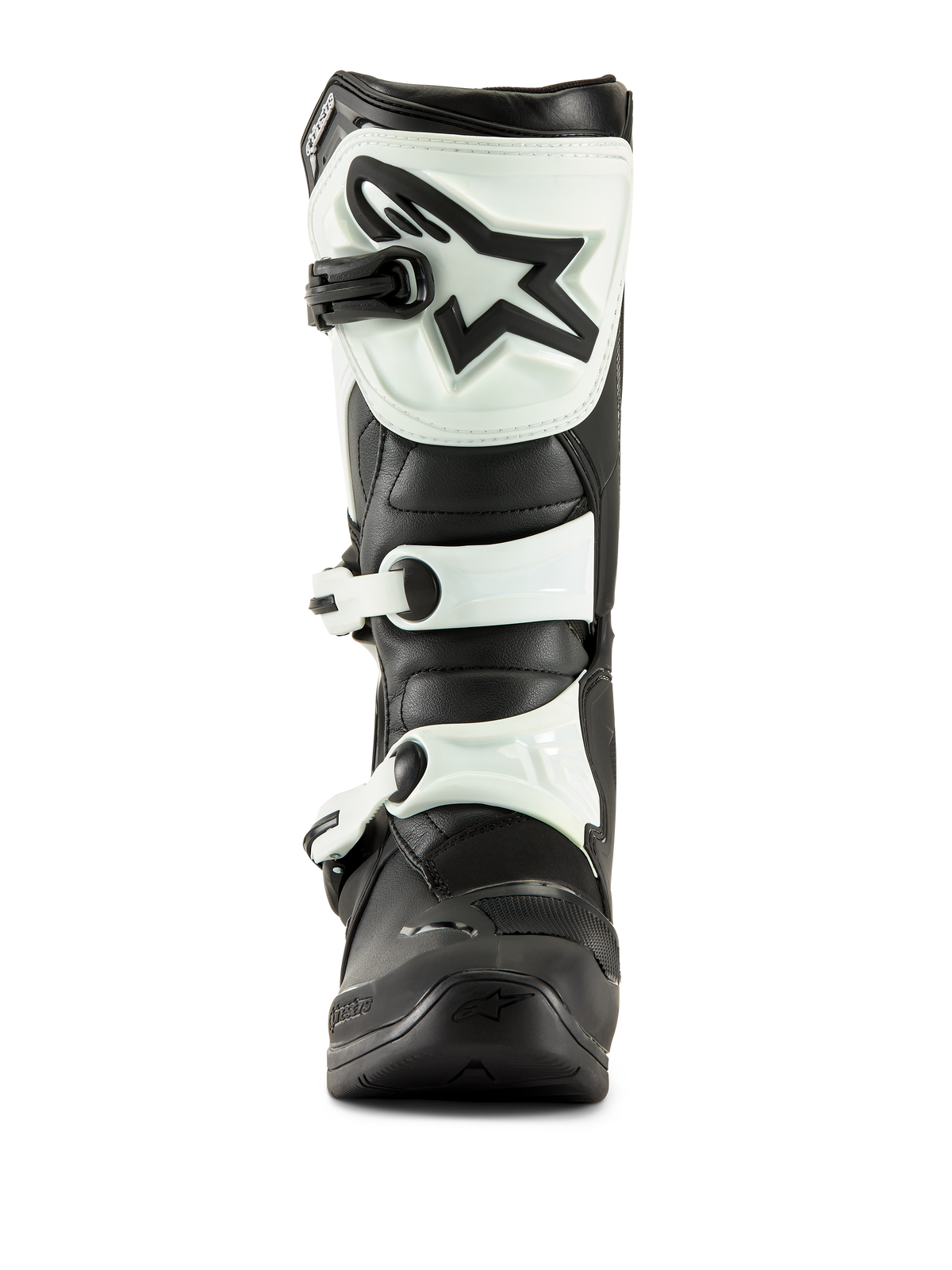 Stivali Alpinestars Tech 3, stivali da motocross, nero e bianco, vista frontale con piastra tibiale in TPU bianco, logo a stella nero e chiusure a fibbia bianche, calzatura durevole per fuoristrada