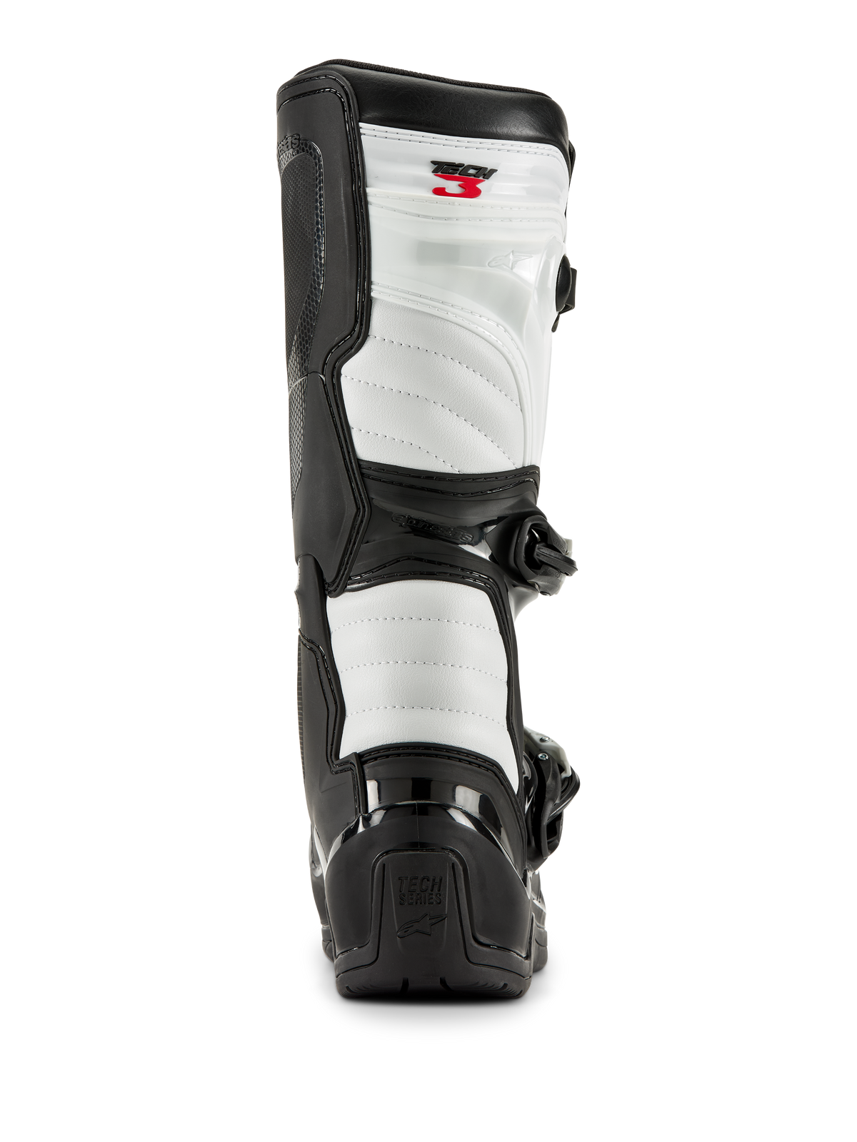 Stivali Alpinestars Tech 3 in nero e bianco, vista posteriore con pannelli imbottiti bianchi, protezione del tallone in TPU nero con logo Tech Series e marchio Tech 3 rosso sulla parte superiore, calzature professionali da motocross