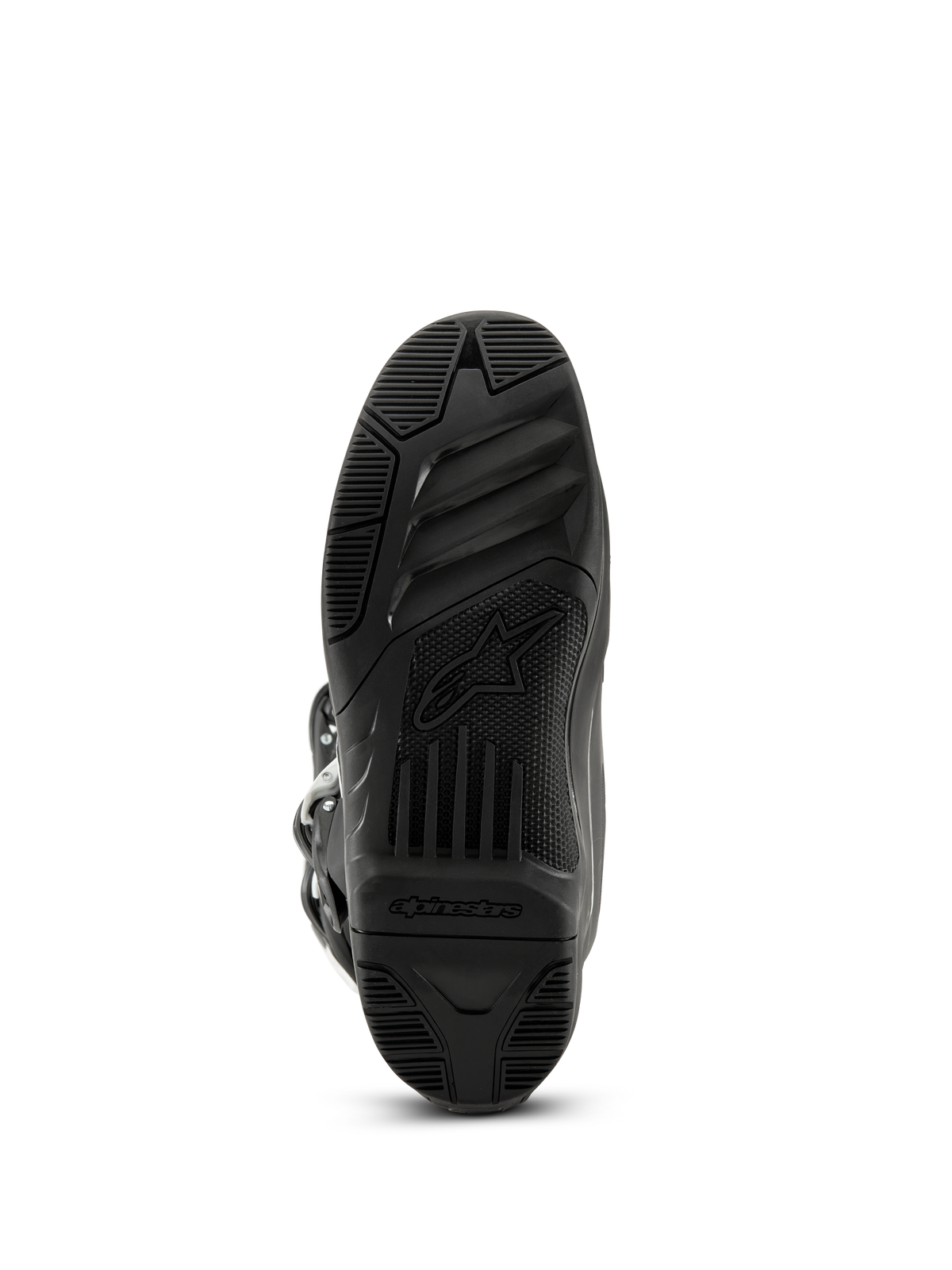 Alpinestars Tech 3 Boots, stivali da motocross, nero, vista inferiore della suola in gomma testurizzata con logo e scritta Alpinestars, design del battistrada ad alta aderenza per prestazioni off-road