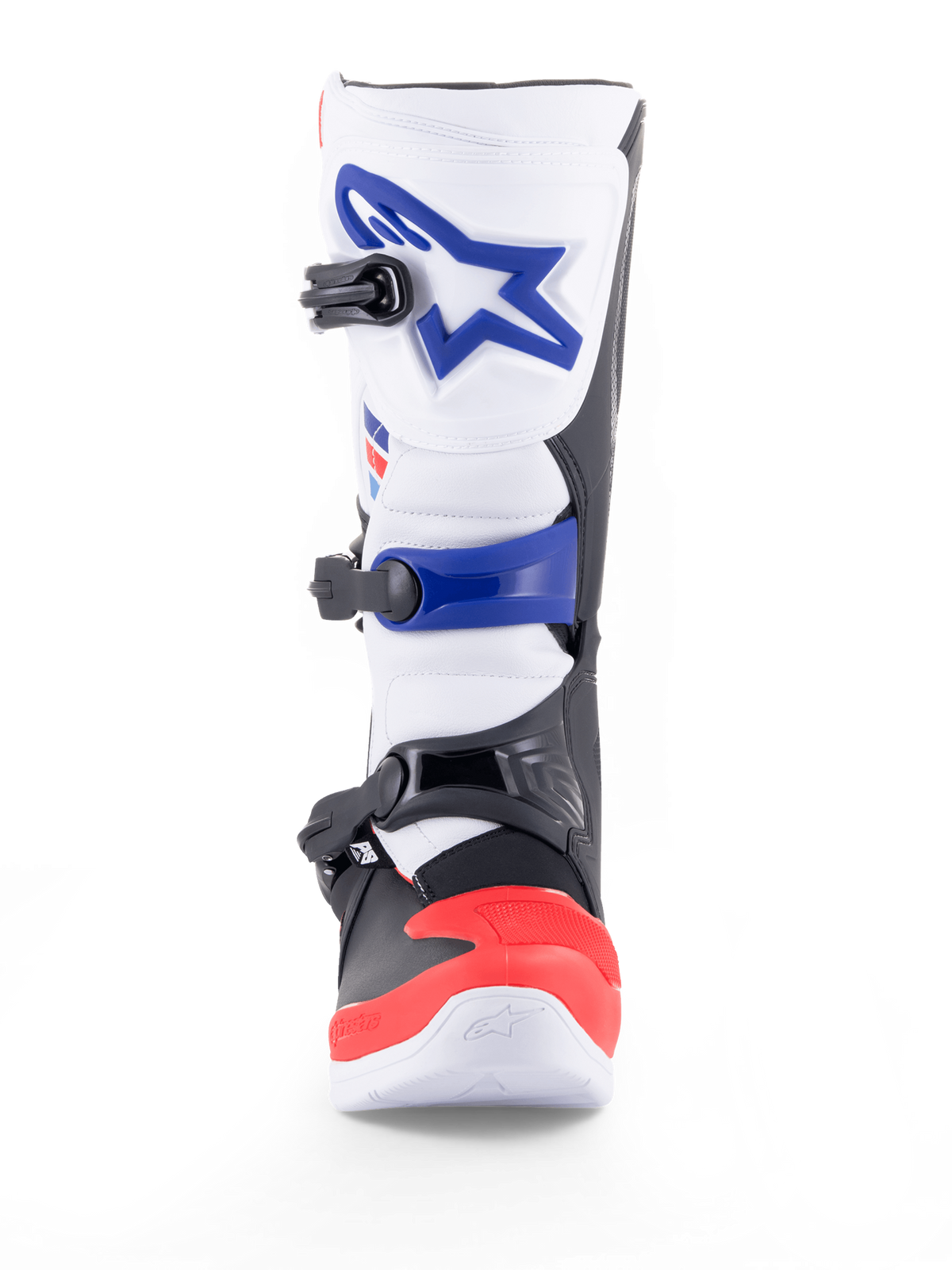 Alpinestars Tech 3, stivale da motocross e fuoristrada bianco con dettagli blu e rosso brillante, chiusura a tripla fibbia, certificato CE