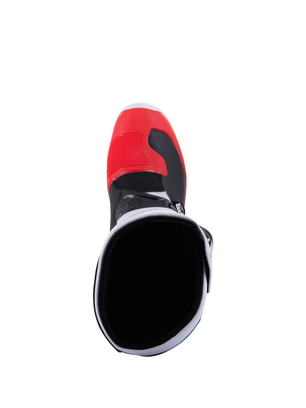 Alpinestars Tech 3, stivale da motocross e fuoristrada bianco e rosso brillante, vista posteriore con protezione in TPU e chiusura con fibbie